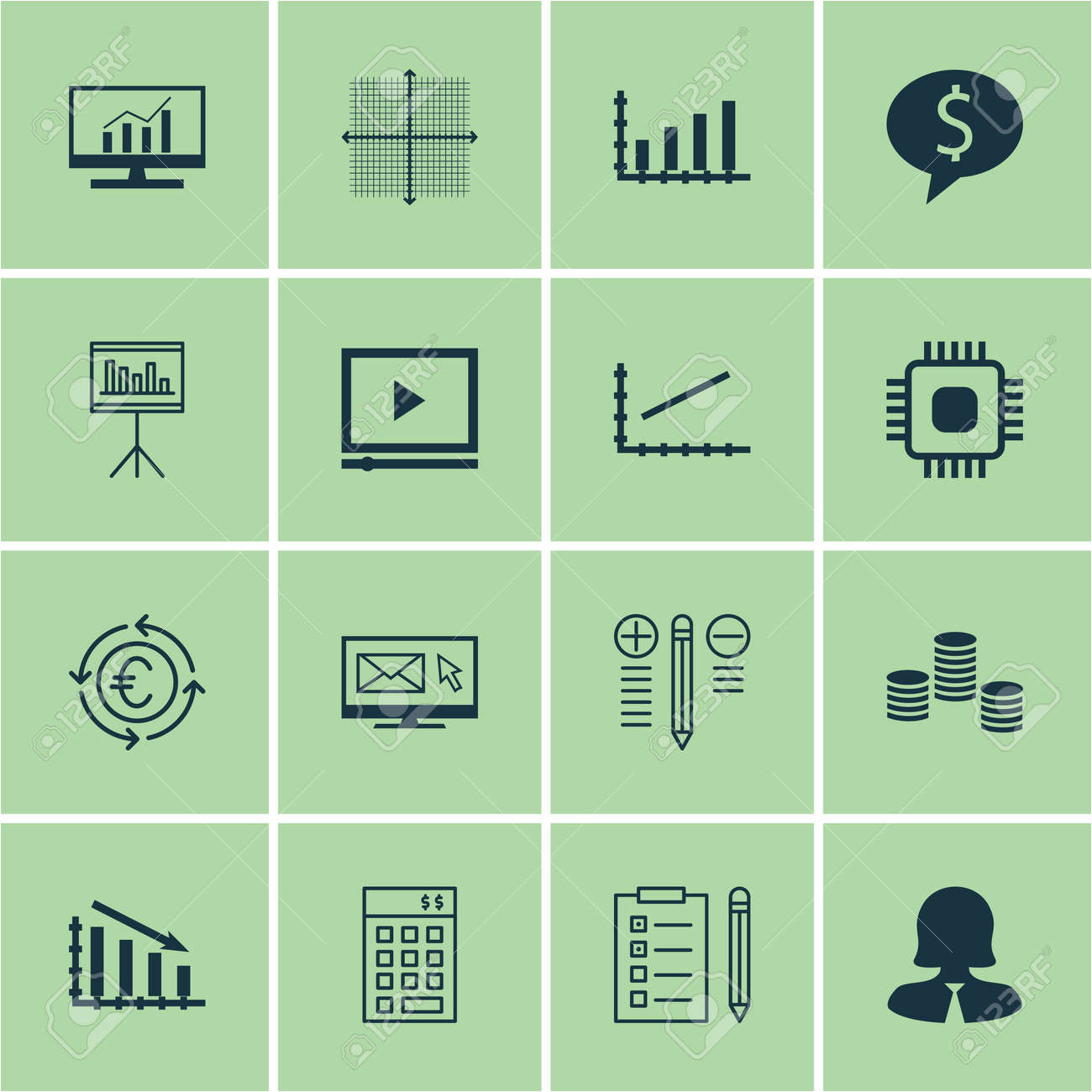 コンピューターのハードウェア 統計情報と Seo のトピック 16 ユニバーサル編集可能なアイコンのセットです 商談 プレゼンテーション 失敗グラフなどのアイコンが含まれています のイラスト素材 ベクタ Image