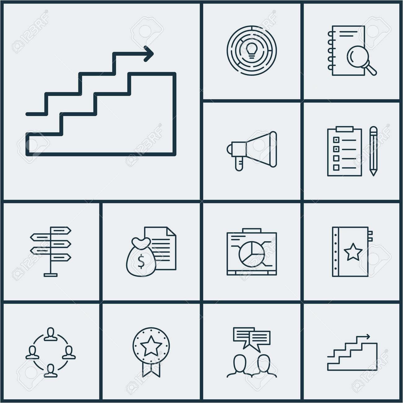 成長性 革新と保証トピックのプロジェクト管理のアイコンのセットです 編集可能なベクター イラストです 研究 発表 議論よりベクトルのアイコンが含まれています のイラスト素材 ベクタ Image
