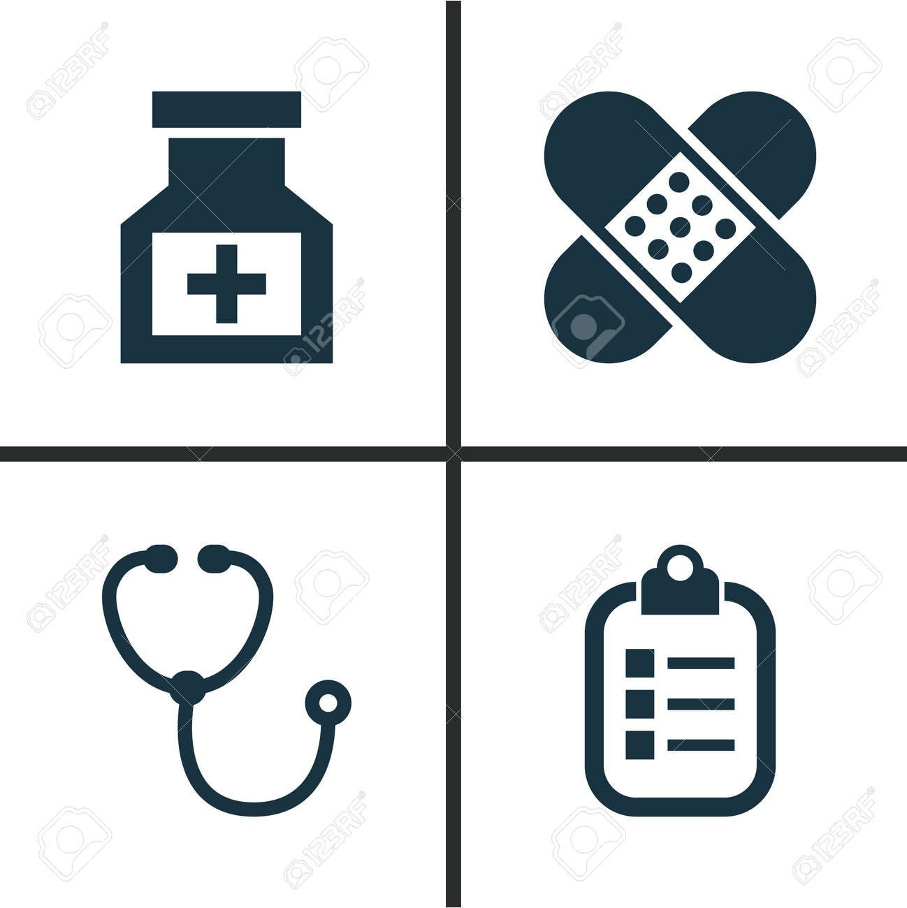 薬のアイコンを設定します マーク 薬物 包帯要素のコレクション シンボルは デバイス 医療などにも含まれます のイラスト素材 ベクタ Image