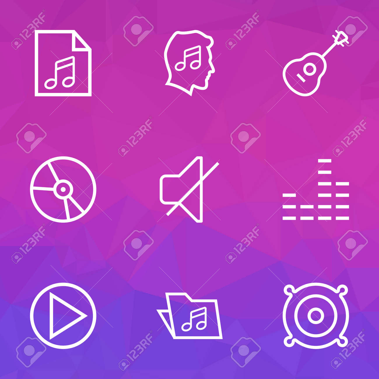 オーディオのアウトラインを設定します 雄弁家 文字列 イコライザー およびその他の要素のコレクションです またなどの記号が含まれています無音 音楽 再生 のイラスト素材 ベクタ Image