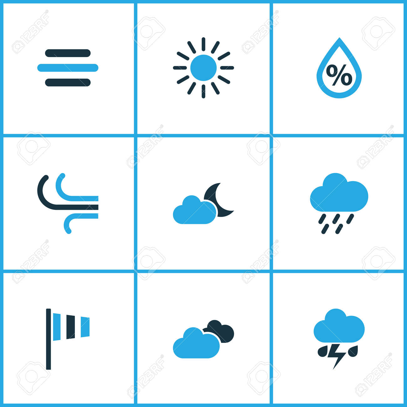 気候色のアイコンを設定します 湿度 雷雨 風の速度 その他の要素のコレクションです また小雨 曇り 湿度などの記号が含まれています のイラスト素材 ベクタ Image