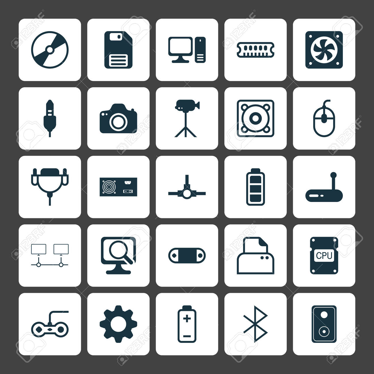 コンピューターのアイコンを設定します 設定 ビデオカメラ デスクトップ コンピューターおよびその他の要素のコレクションです また人工呼吸器 検出 発電機などの記号が含まれています のイラスト素材 ベクタ Image