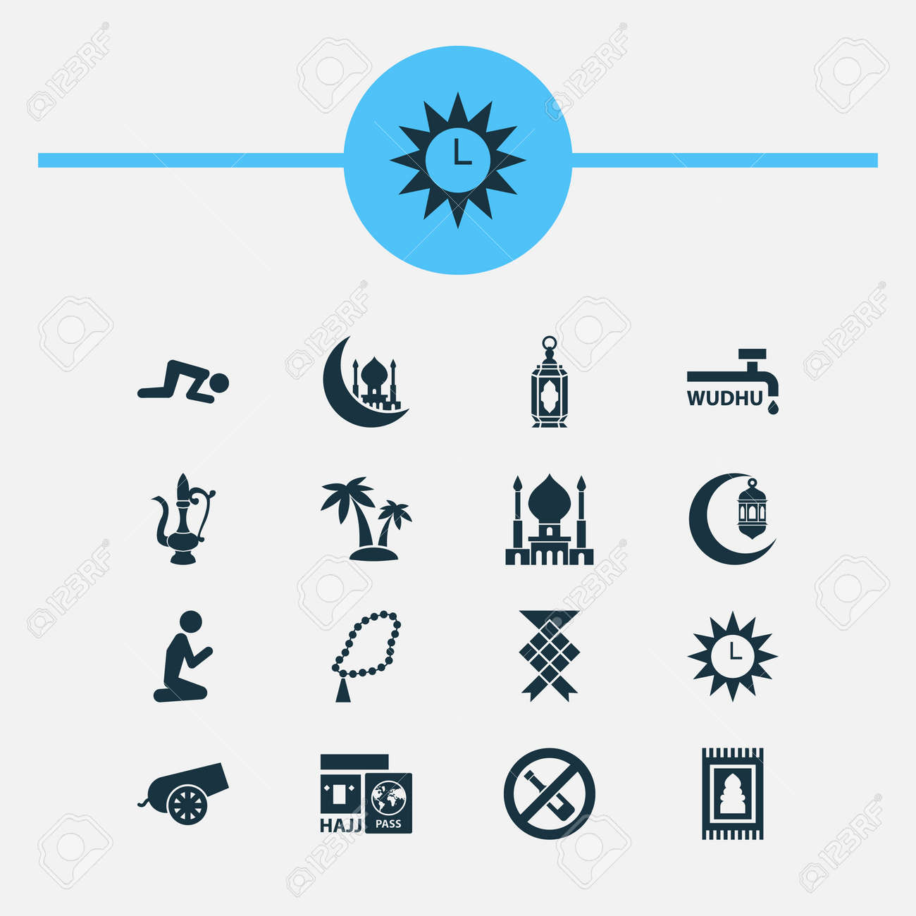 ラマダンのアイコンを設定します 照明器具 Sajdah 神々 の家および他の要素のコレクションです またイスラム教徒 宗教 Wudhu などの記号が含まれています のイラスト素材 ベクタ Image