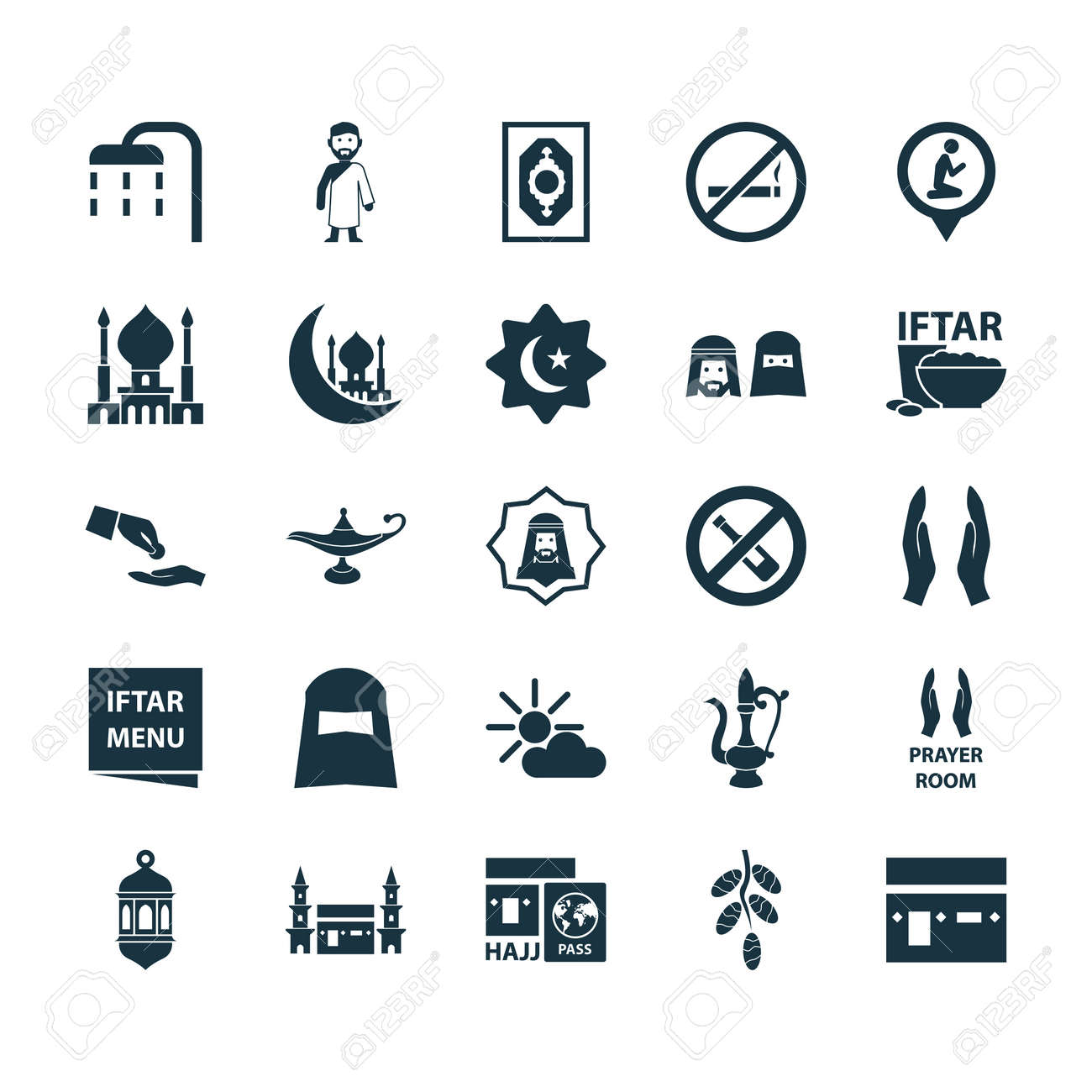 ラマダンのアイコンが設定 ノーアルコール 巻物 崇拝やその他の要素のコレクションのイラスト素材 ベクタ Image