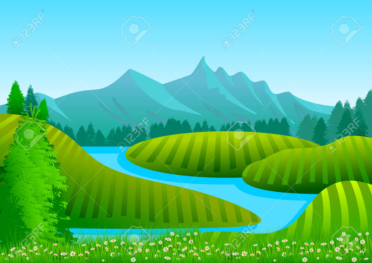 Natural Landscape With Blue Sky, Mountains In Background, Green Hills,  Trees And A River. Illustration. Ideal For Background, Wallpaper Or Custom  Message Integration. Stock Photo, Picture and Royalty Free Image. Image  116065134., image size:1300x919