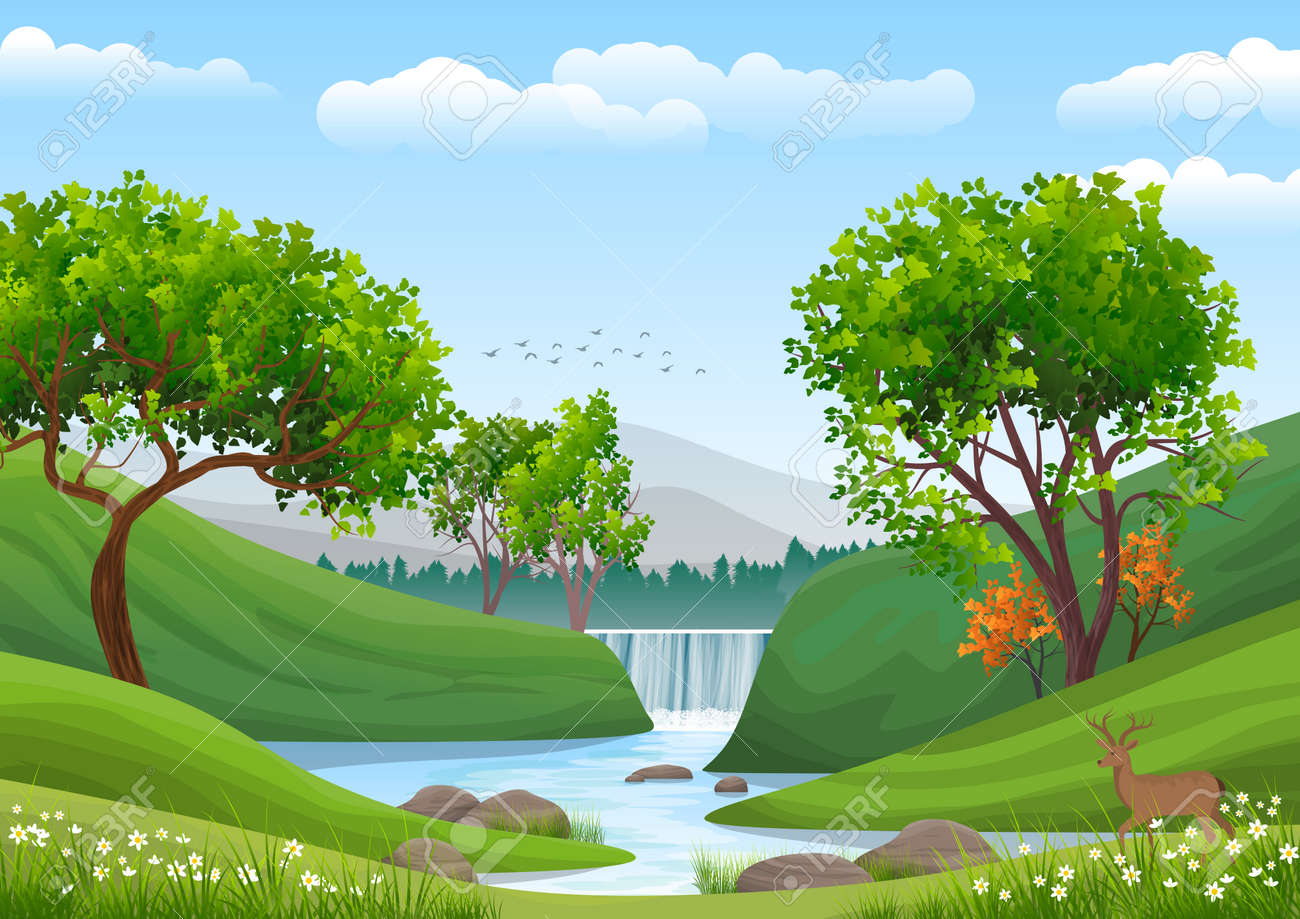 Natural Landscape With Blue Sky, Mountain, Green Hills, Trees, Pine Forest  In Silhouette, River With Waterfall And A Deer. Illustration Ideal For  Background Or Wallpaper. Stock Photo, Picture and Royalty Free Image., image size:1300x919