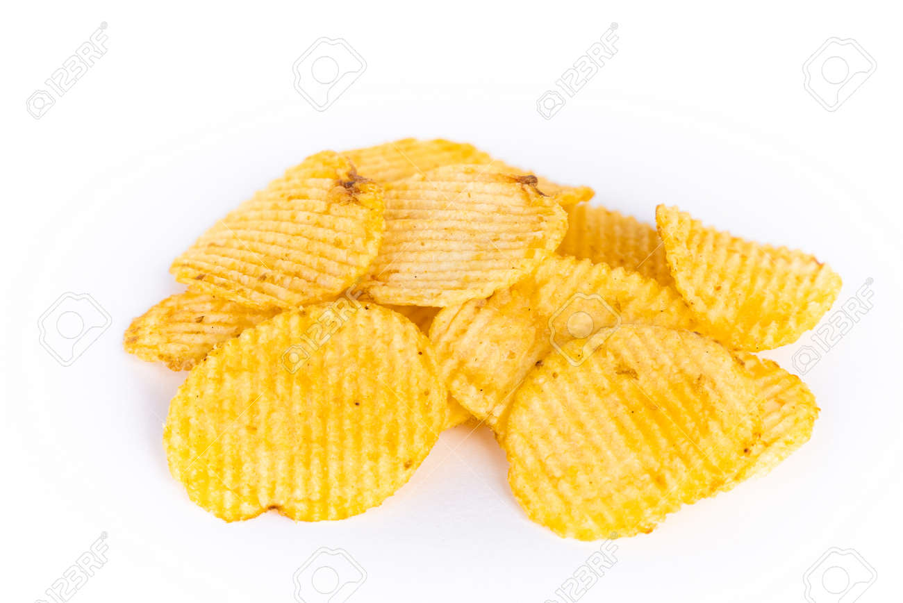 Pile of potato chips isolated on a white background - 131441316 Pile of potato chips isolated on a white background - 131441316
