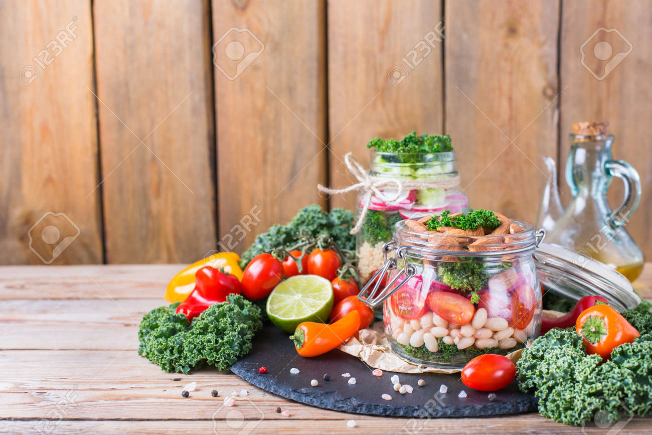 health care diet and nutrition concept vegan salad in a mason jar food and nutrition
