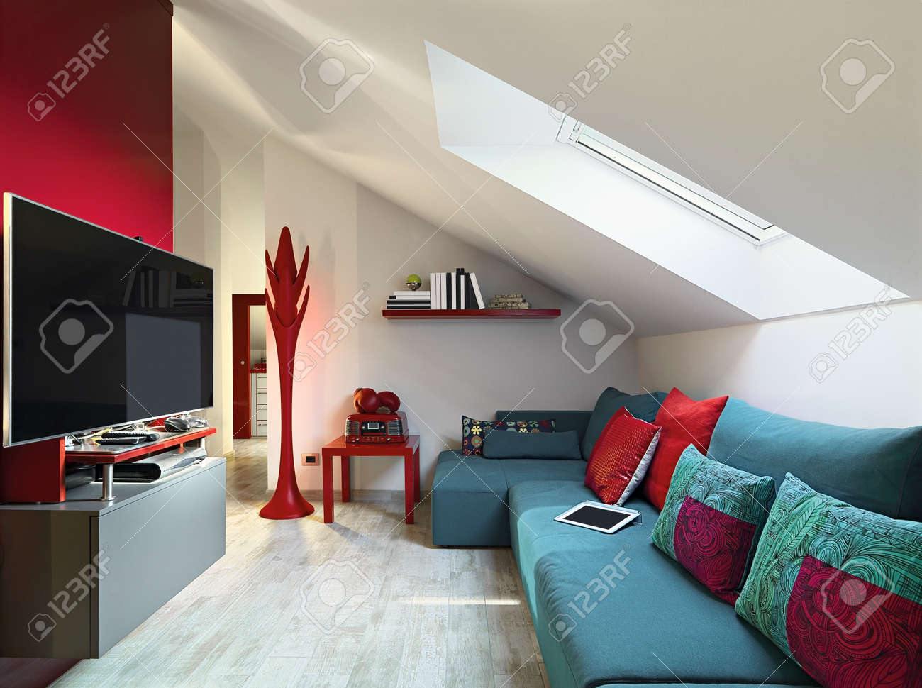 Blue Sofa In A Modern Living Room On Attic With Tile Floor Stock
