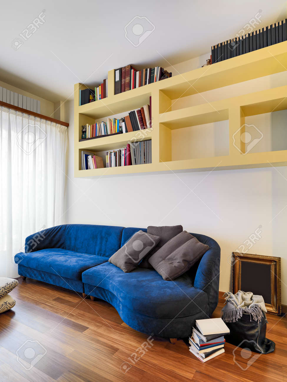 Foreground Of A Blue Fabric Sofa In The Modern Living Room With Stock Photo Picture And Royalty Free Image Image 53661455