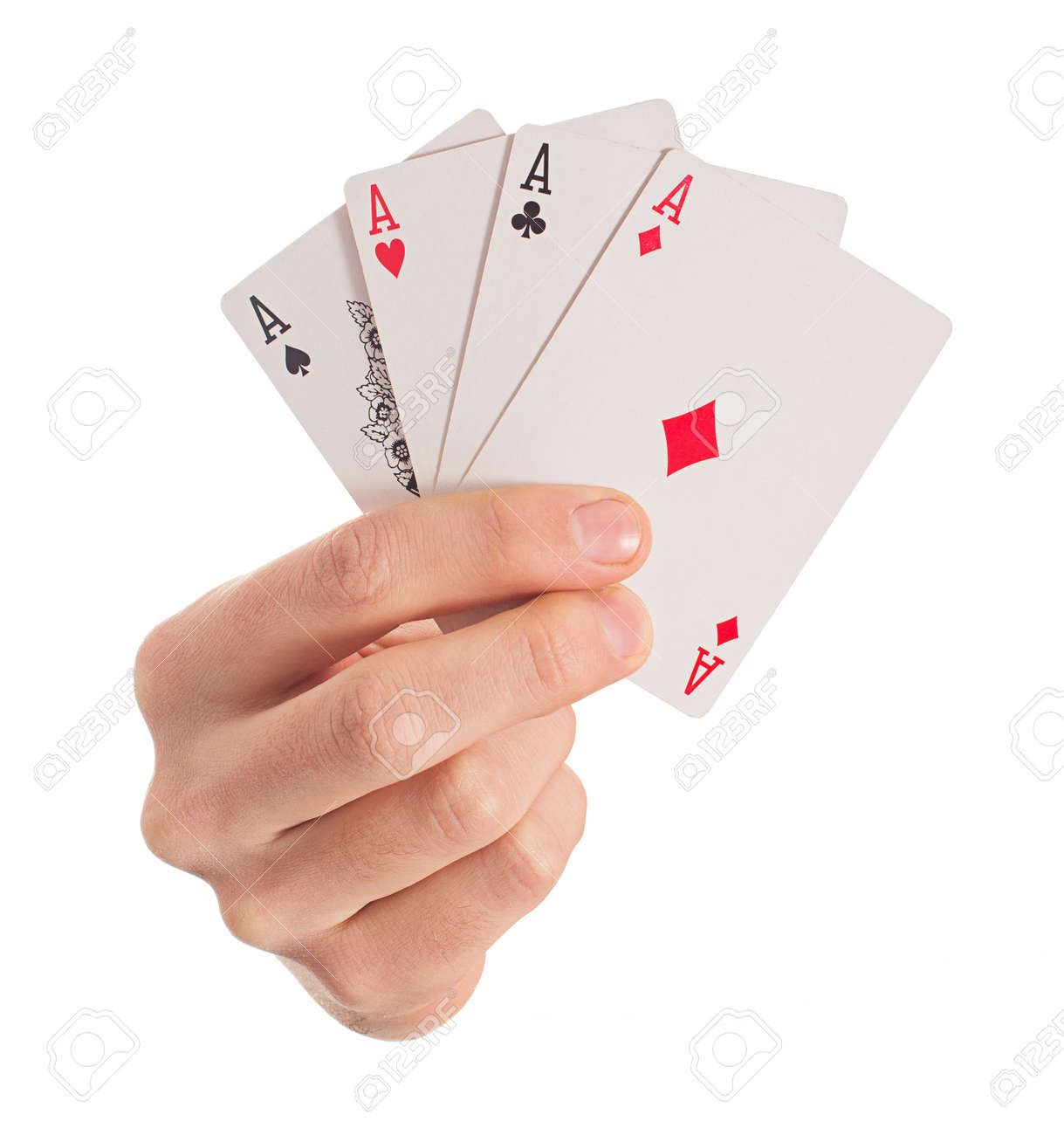 Close-up Of Hand Holding Four Aces On White Background - 22036796 Close-up Of Hand Holding Four Aces On White Background - 22036796