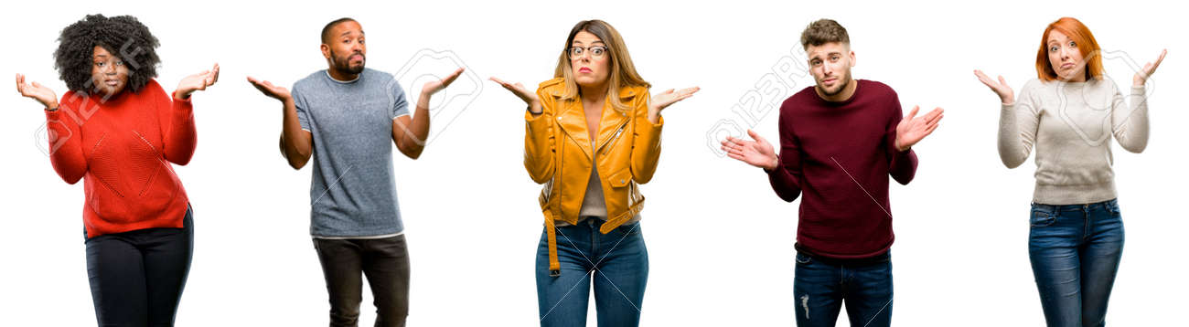 Group of cool people, woman and man doubt expression, confuse and wonder concept, uncertain future shrugging shoulders - 104166587 Group of cool people, woman and man doubt expression, confuse and wonder concept, uncertain future shrugging shoulders - 104166587