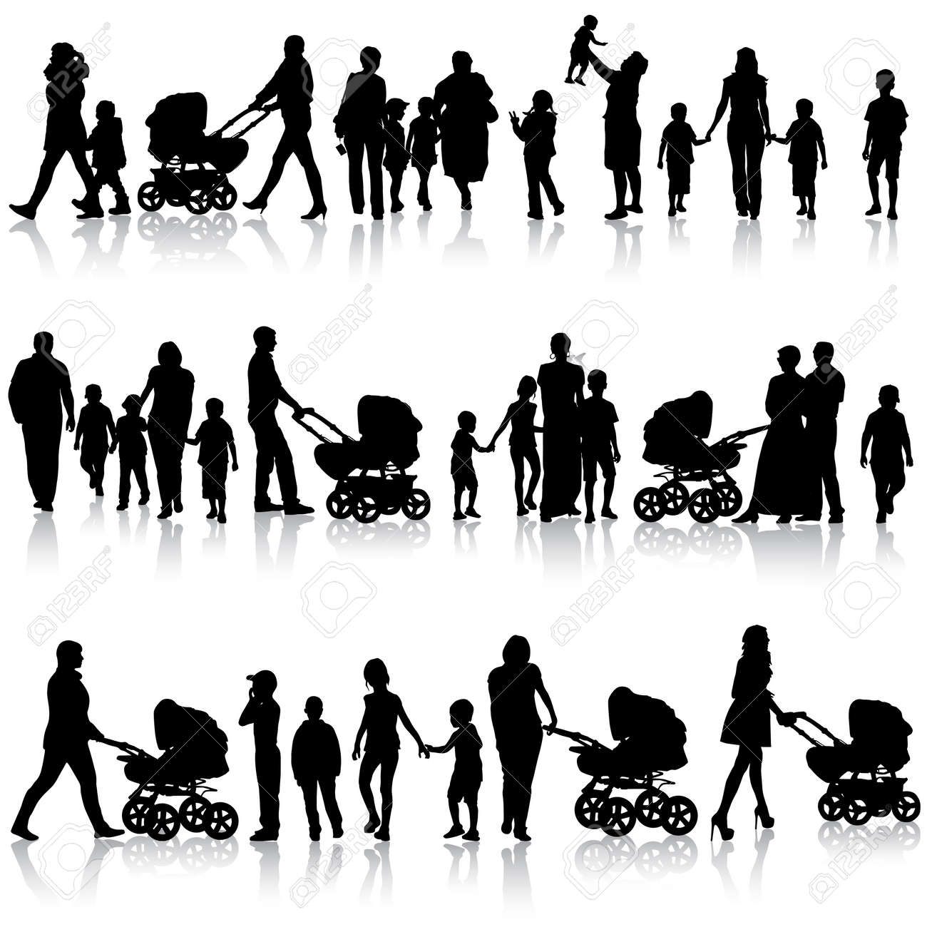 Black set of silhouettes of parents and children on white background. Vector illustration. - 26263908 Black set of silhouettes of parents and children on white background. Vector illustration. - 26263908