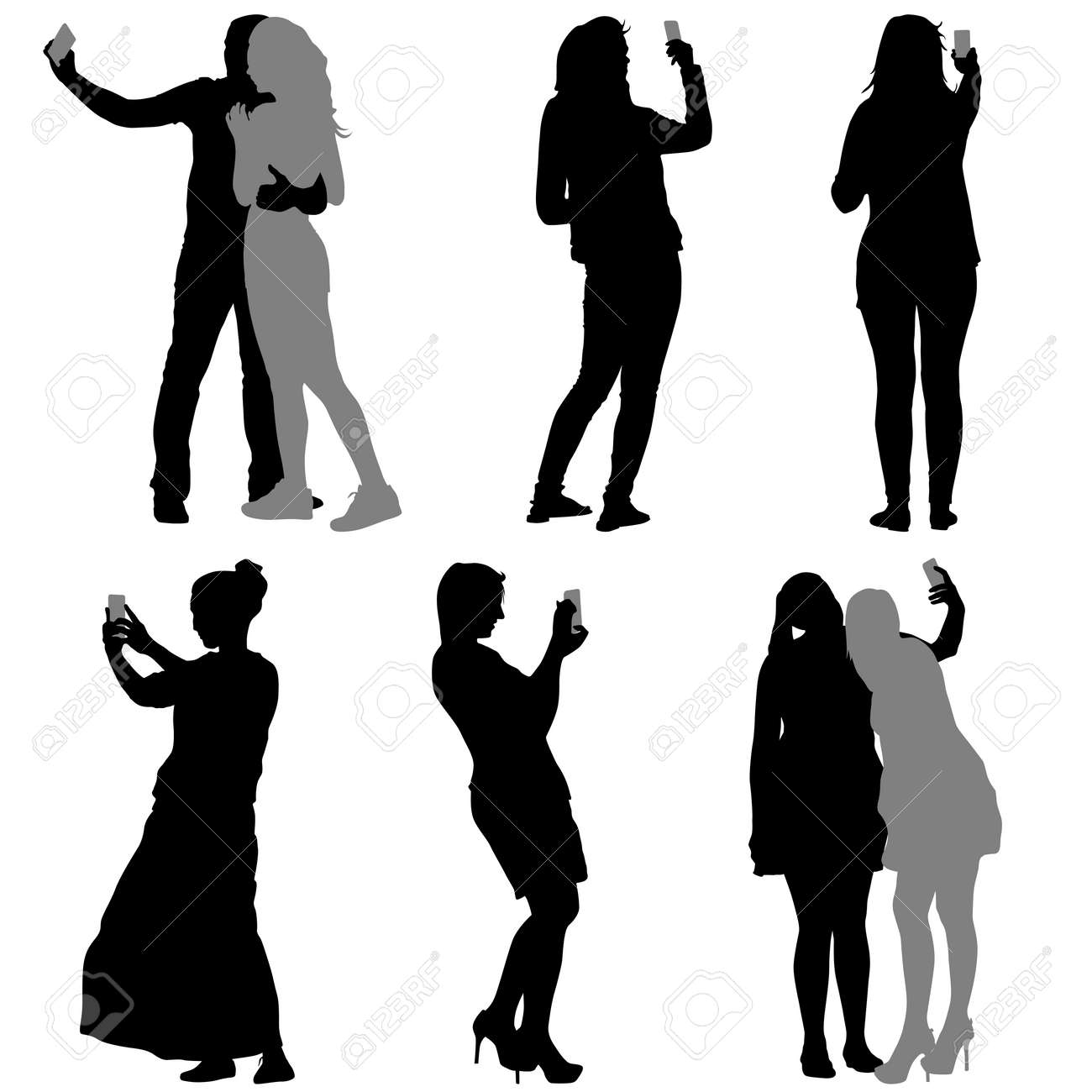 シルエットの男と女の白い背景の上のスマート フォンで Selfie を取るします ベクトル イラスト のイラスト素材 ベクタ Image