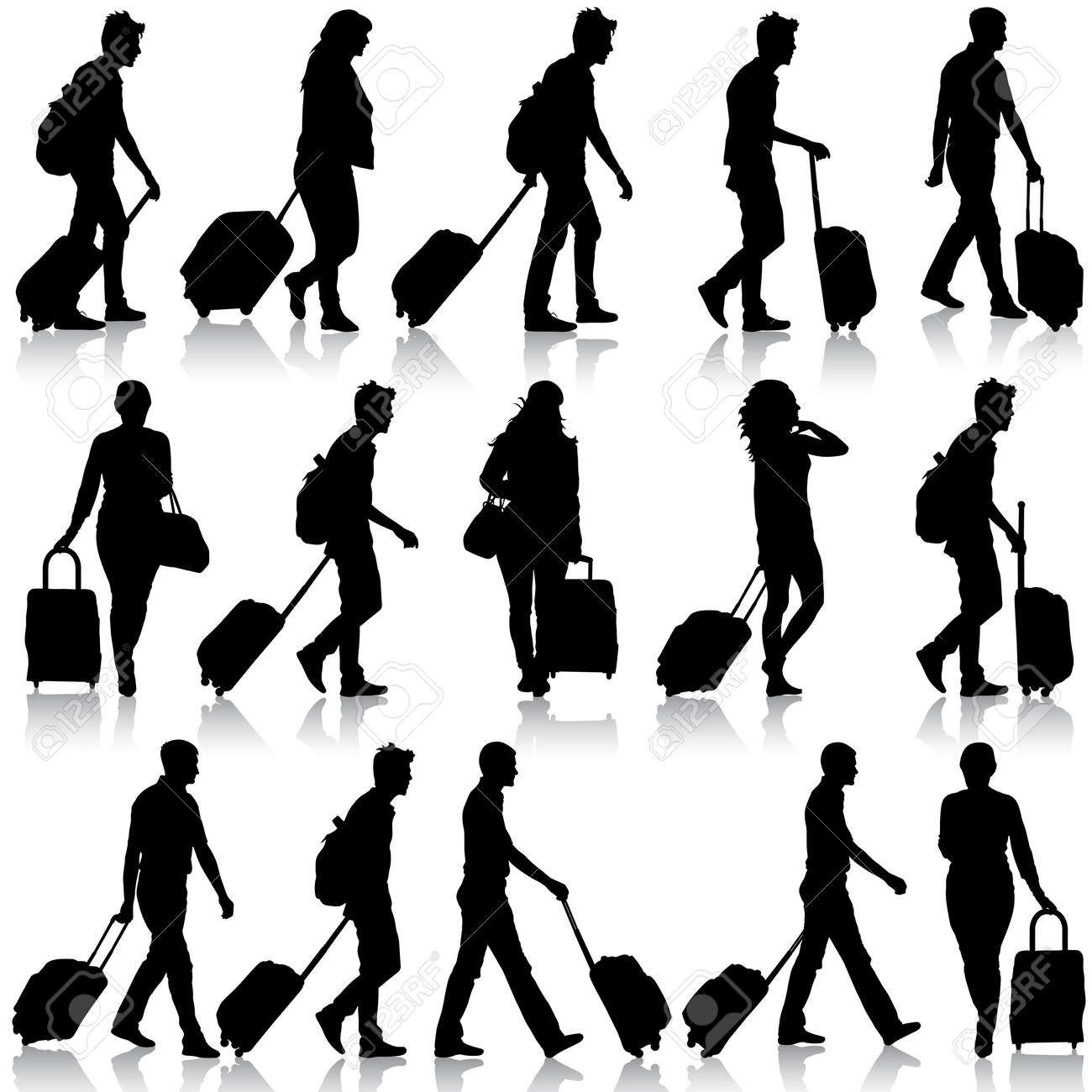 Black silhouettes travelers with suitcases on white background. Vector illustration. - 39162051 Black silhouettes travelers with suitcases on white background. Vector illustration. - 39162051