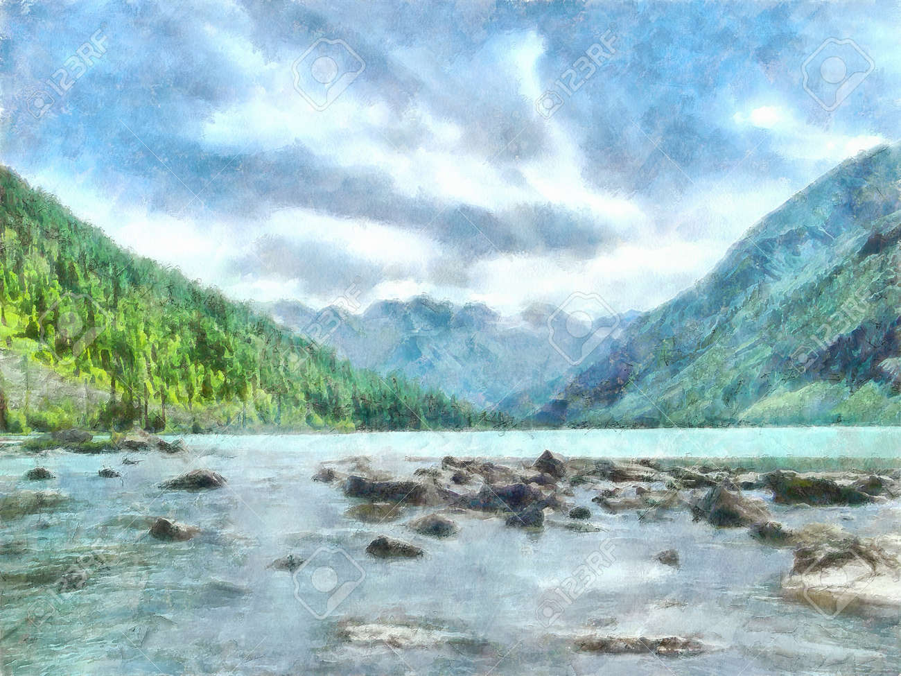 アルタイ山脈 予約の土地 清流 小川や河川 背が高く 細い木 薬効があるハーブ 新鮮な空気 妨げられていない 自然のままの自然のプランテーションの水彩 イラスト の写真素材 画像素材 Image