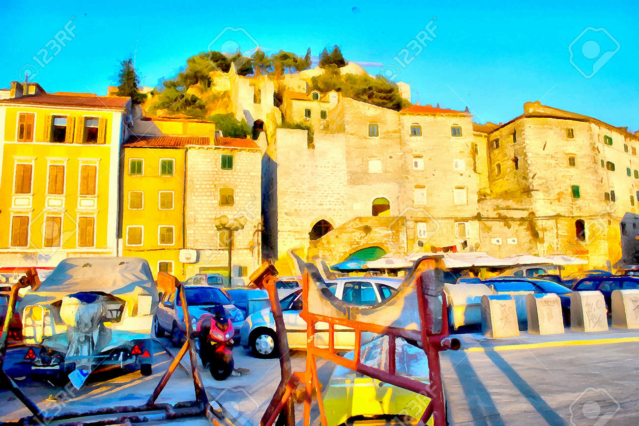 Aquarellmalerei Der Kusten Hauser Mittelmeer In Der Sonne Orange