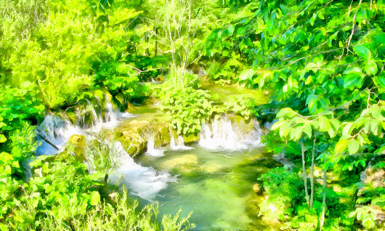 渓流や川の急流の岩の滝の緑の銀行の背景の水彩画 の写真素材 画像素材 Image 66167961