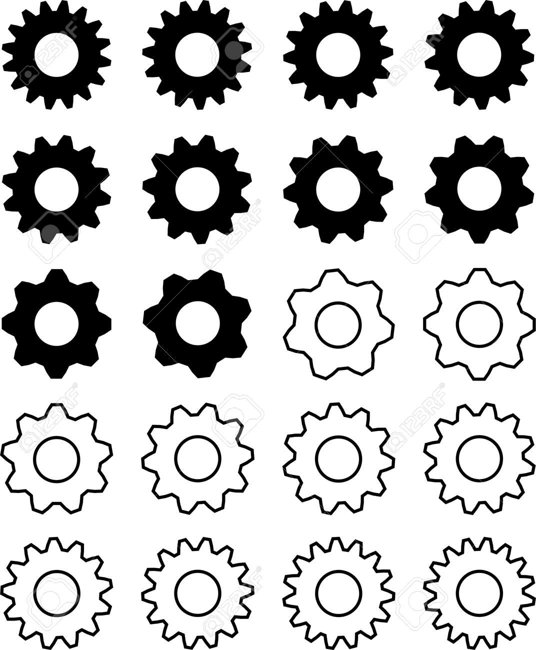 ギアアイコンコレクション 黒とステンシルのイラストで16歯のギアに7歯のイラスト素材 ベクタ Image