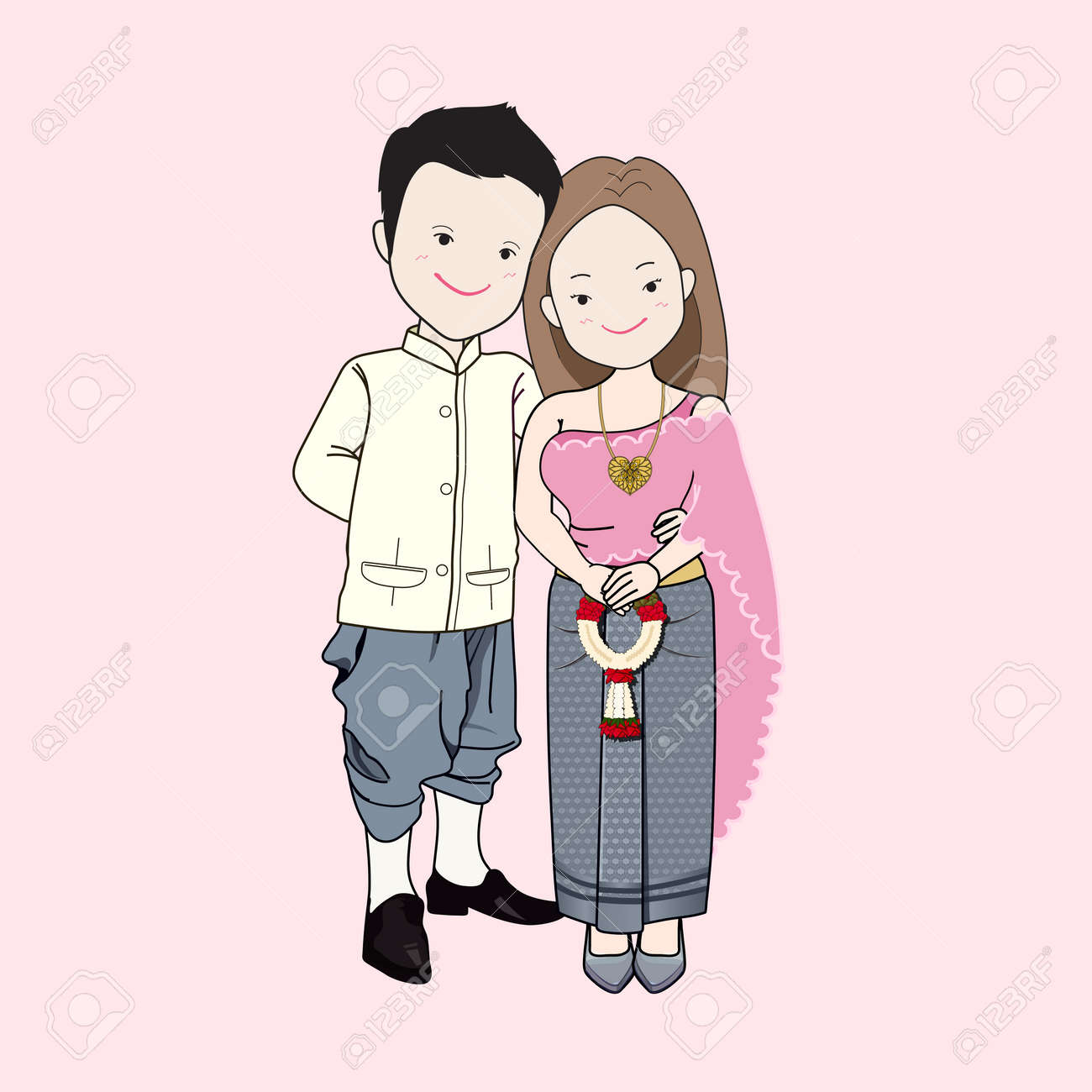 結婚式漫画のベクトル 花嫁 タイの伝統的なドレスの新郎 ジャスミンの花輪を保持している女性 のイラスト素材 ベクタ Image