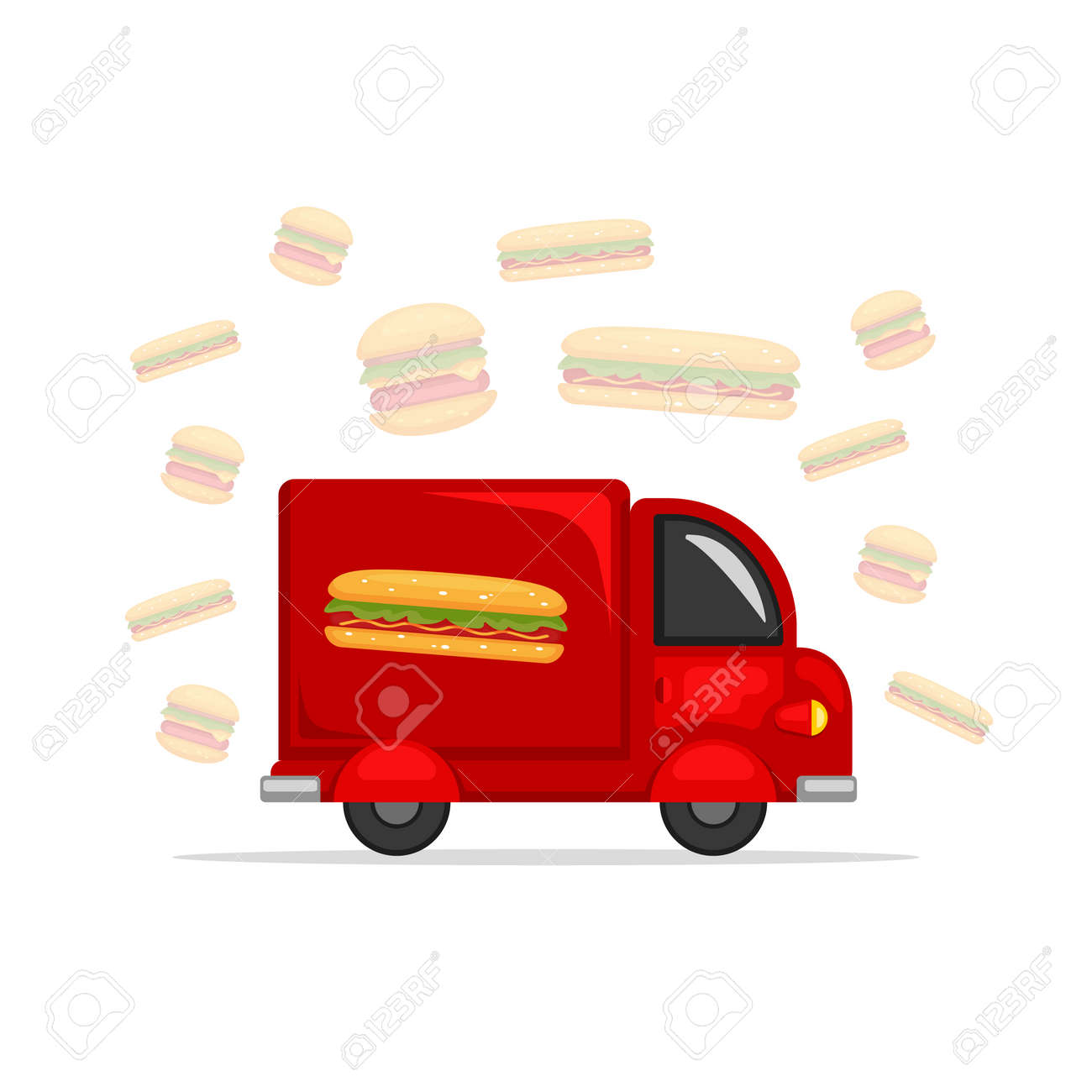 Hotdog Food Van Truck Delivery Street Food Vector Cartoon Illustration