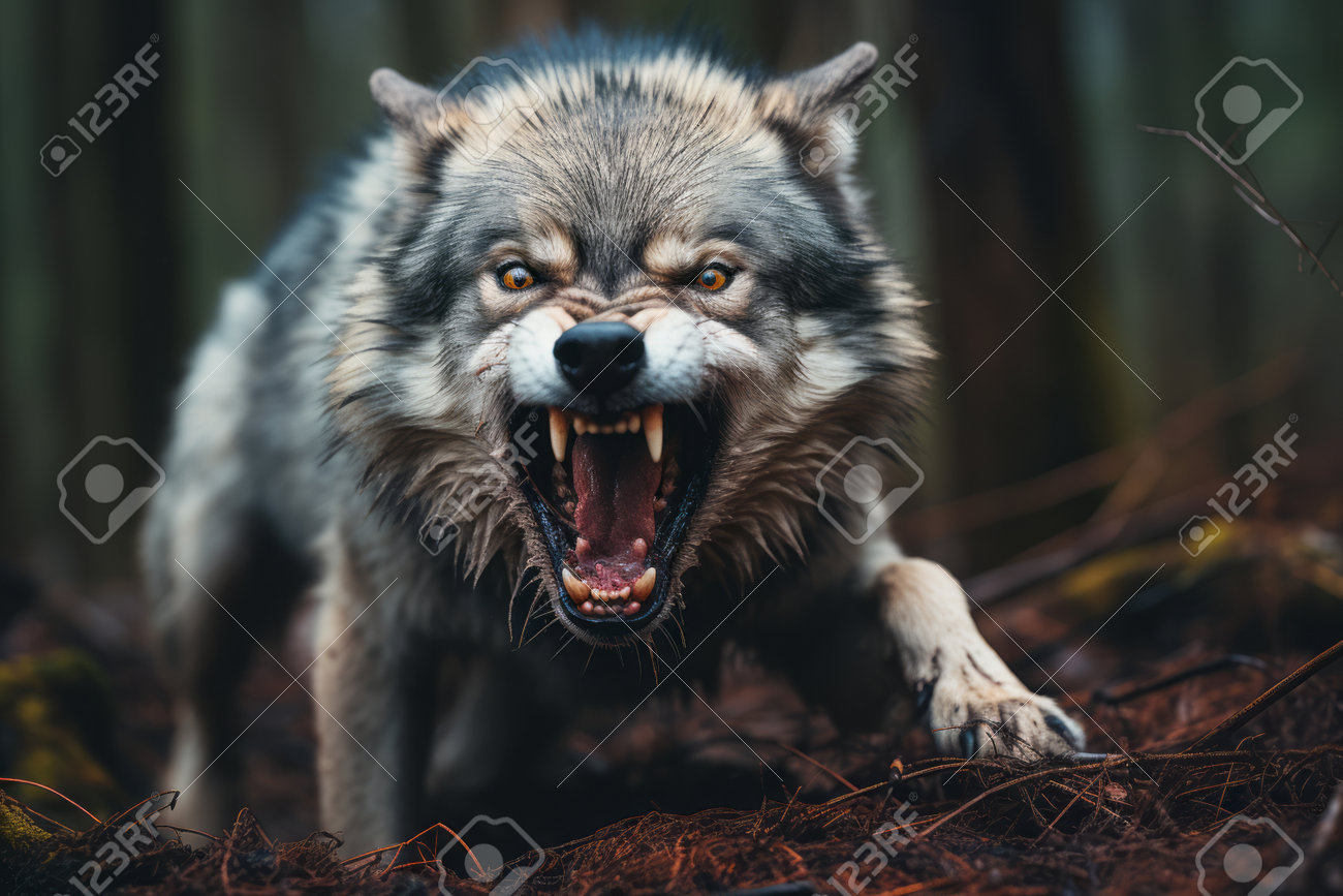 An Angry Wolf With Its Mouth Open In The Woods Stock Photo, Picture and  Royalty Free Image. Image 212658407., image size:1300x867