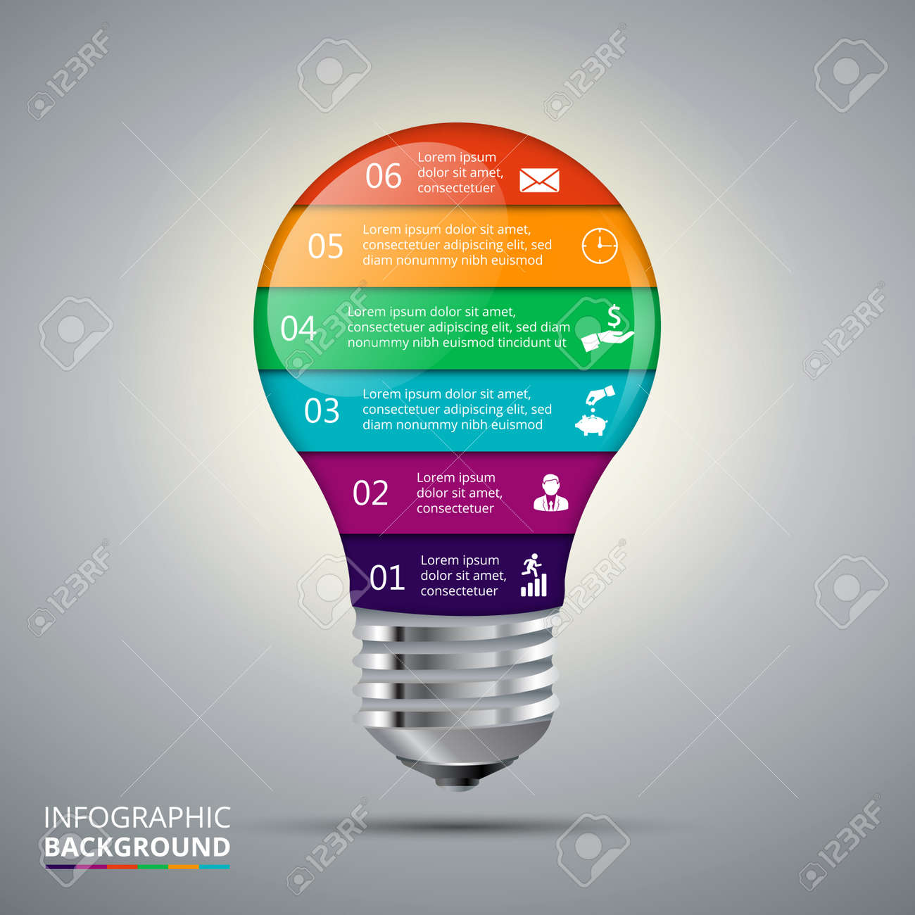 インフォ グラフィックの豆電球 図 グラフ プレゼンテーション グラフのテンプレートです 6 のオプション 部品 ステップやプロセスのビジネス コンセプトです 抽象的な背景 のイラスト素材 ベクタ Image