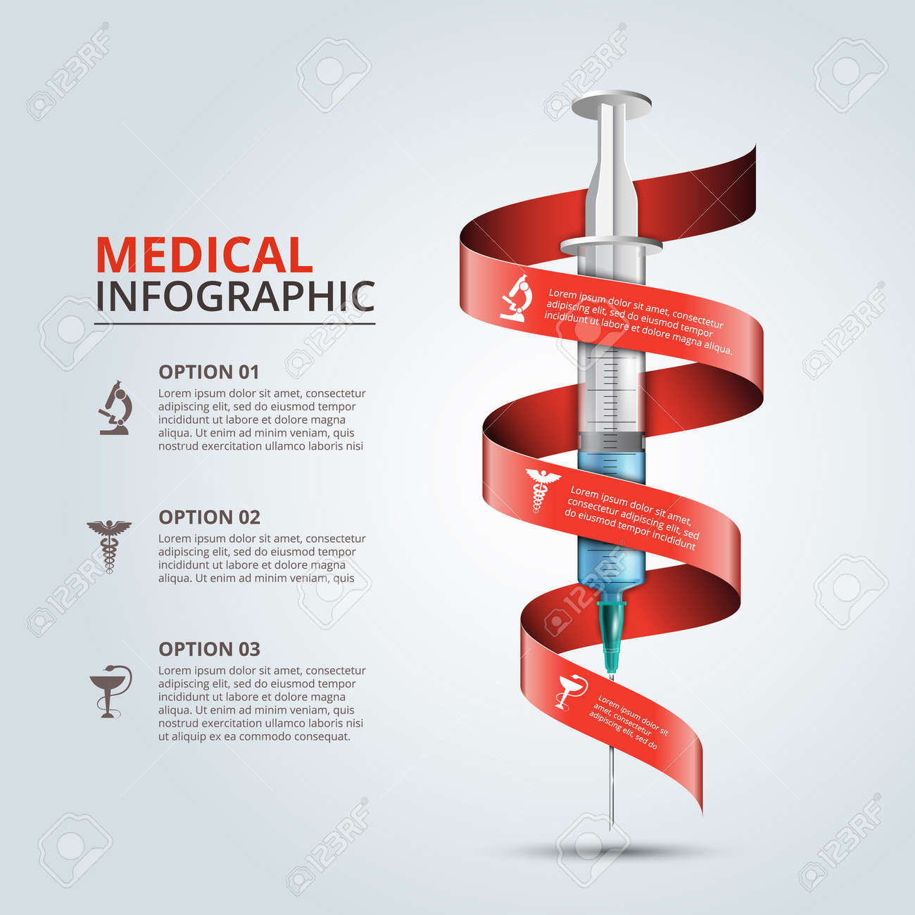 Vector syringe with red ribbon for infographics. Template for diagram, graph, presentation and chart. Medical healthcare concept with 3 options, parts, steps or processes. Abstract background - 52002917 Vector syringe with red ribbon for infographics. Template for diagram, graph, presentation and chart. Medical healthcare concept with 3 options, parts, steps or processes. Abstract background - 52002917