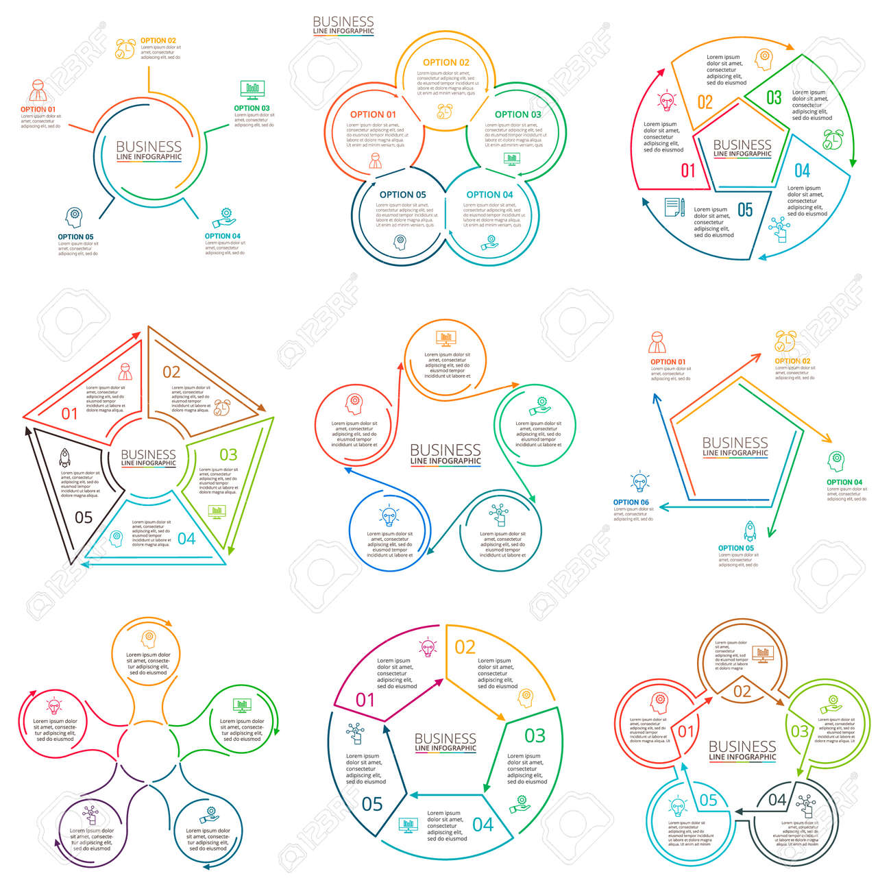 細い線フラット円 五角形とインフォ グラフィックの他の要素 図 グラフ プレゼンテーション グラフのテンプレートです 5 のオプション 部品 ステップのビジネス コンセプトです データの可視化 のイラスト素材 ベクタ Image