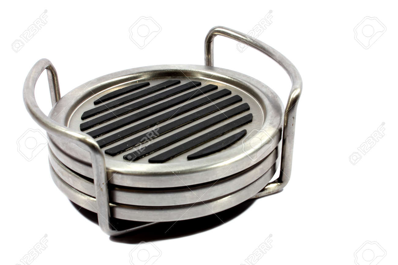 Isolated Stainless Steel Cup Coasters With Black Rubber Grips - Isolated Stainless Steel Cup Coasters With Black Rubber Grips Stock Photo isolated stainless steel cup coasters with black rubber grips - isolated stainless steel cup coasters with black rubber grips stock photo