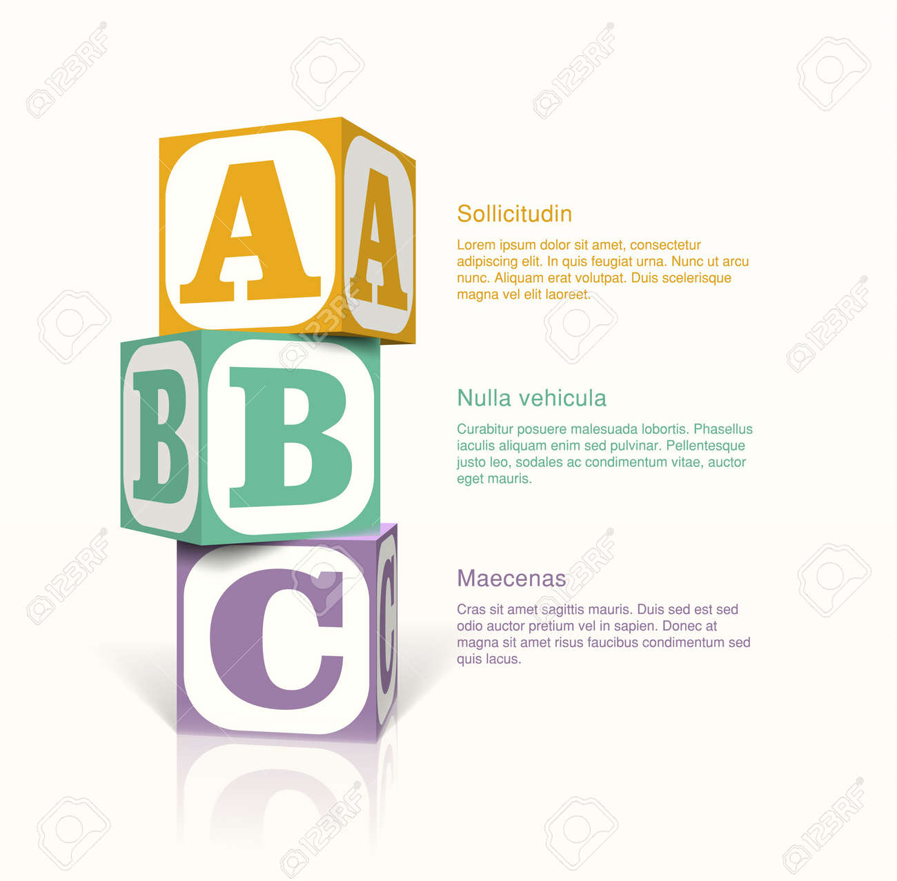 Tree cubes with letters on the sides on a vector background. Step by step concept - 19876285 Tree cubes with letters on the sides on a vector background. Step by step concept - 19876285