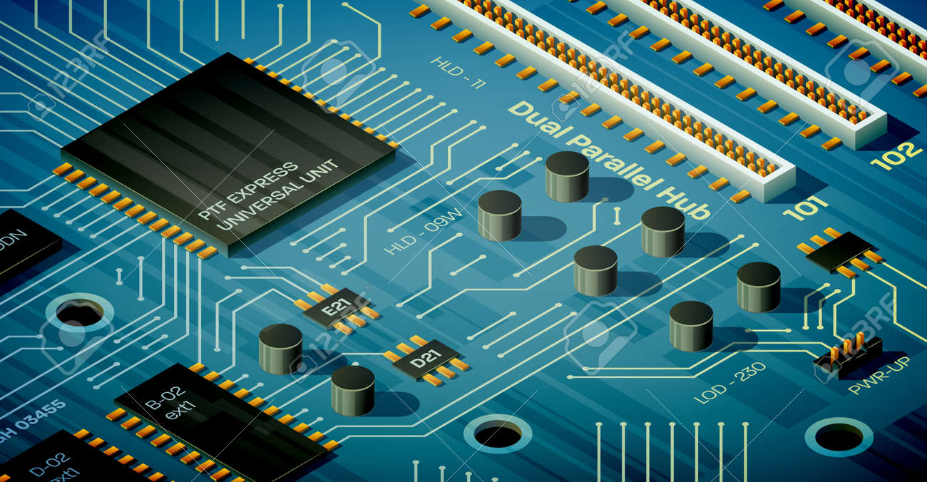 Vector blue motherboard illustration in isometric perspective. Capacitors, ports, chips and semiconductor tracks on the flat surface of the circuit board. Clean and nice image. - 98435248 Vector blue motherboard illustration in isometric perspective. Capacitors, ports, chips and semiconductor tracks on the flat surface of the circuit board. Clean and nice image. - 98435248