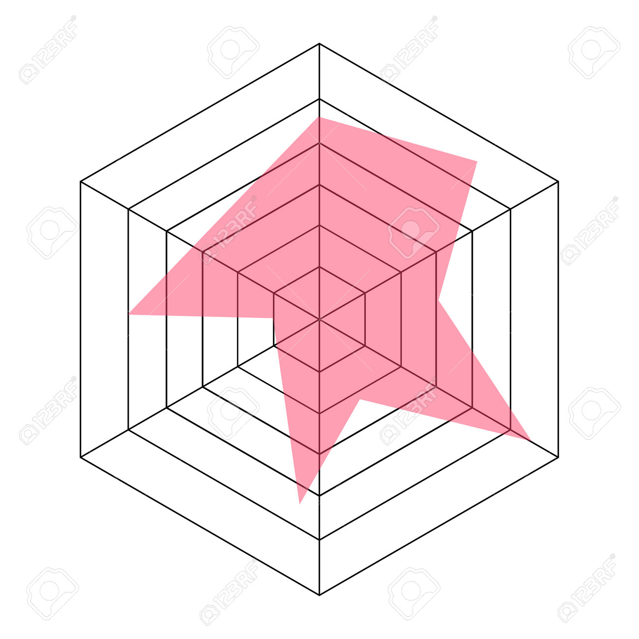 白い背景に六角形図、レーダーチャート、スパイダーグラフテンプレート。異なる特性の項目を比較する方法のイラスト素材・ベクター Image  205298790