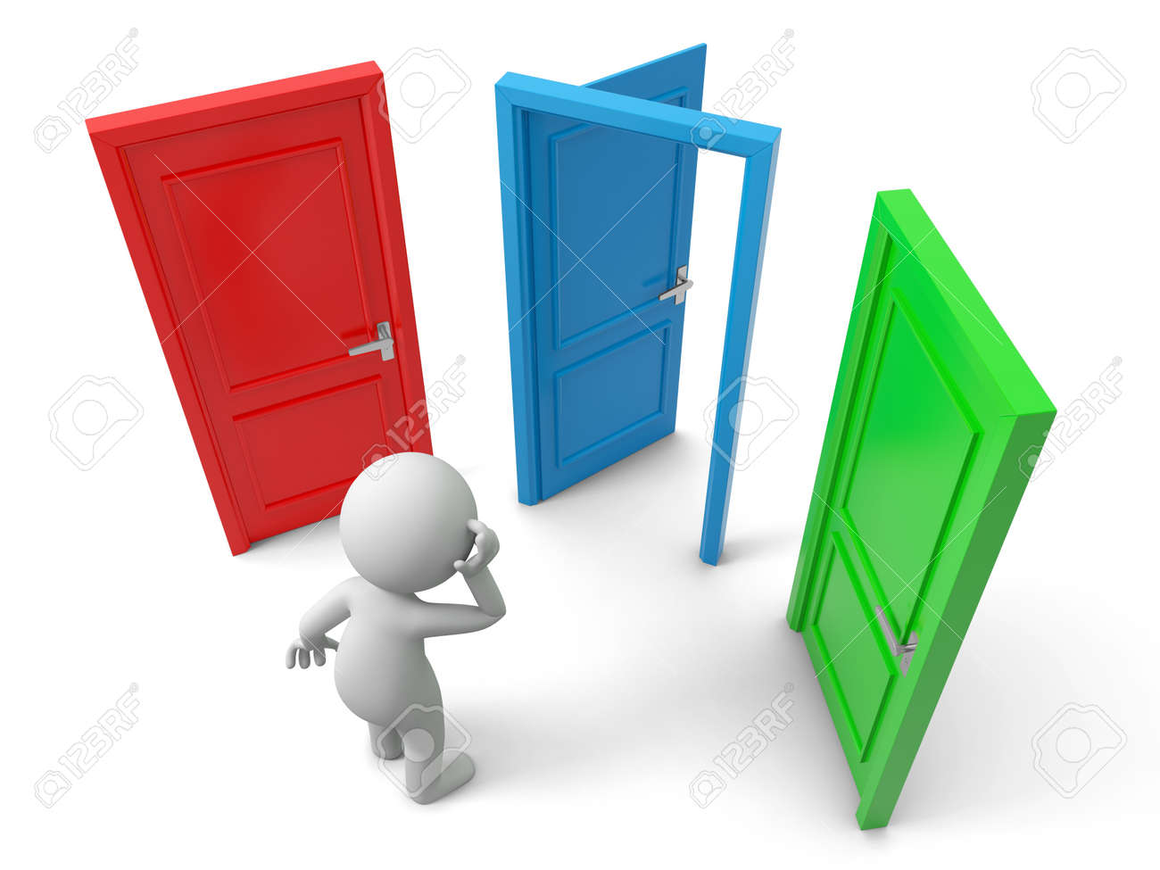 Door Choose A Person Thinking In Front Of Three Doors Stock Photo Picture And Royalty Free Image Image