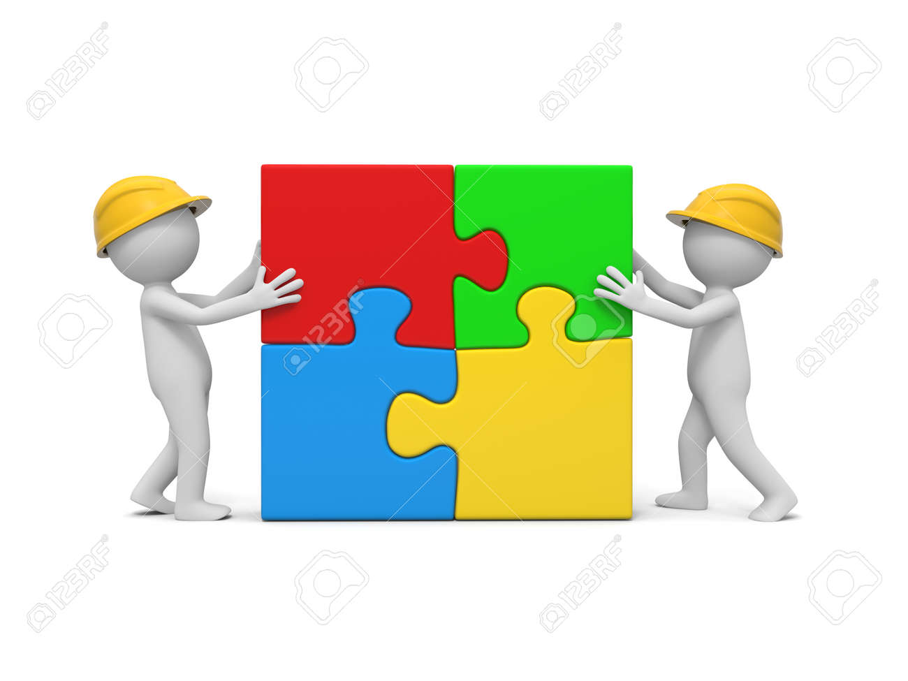 two 3d man assembling 4 puzzle pieces stock photo picture and