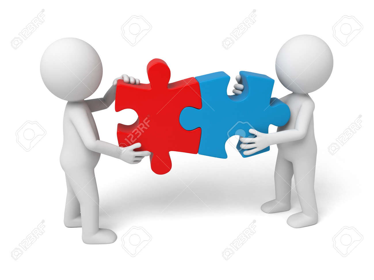 3d white people team assemble two piece of a puzzle stock photo