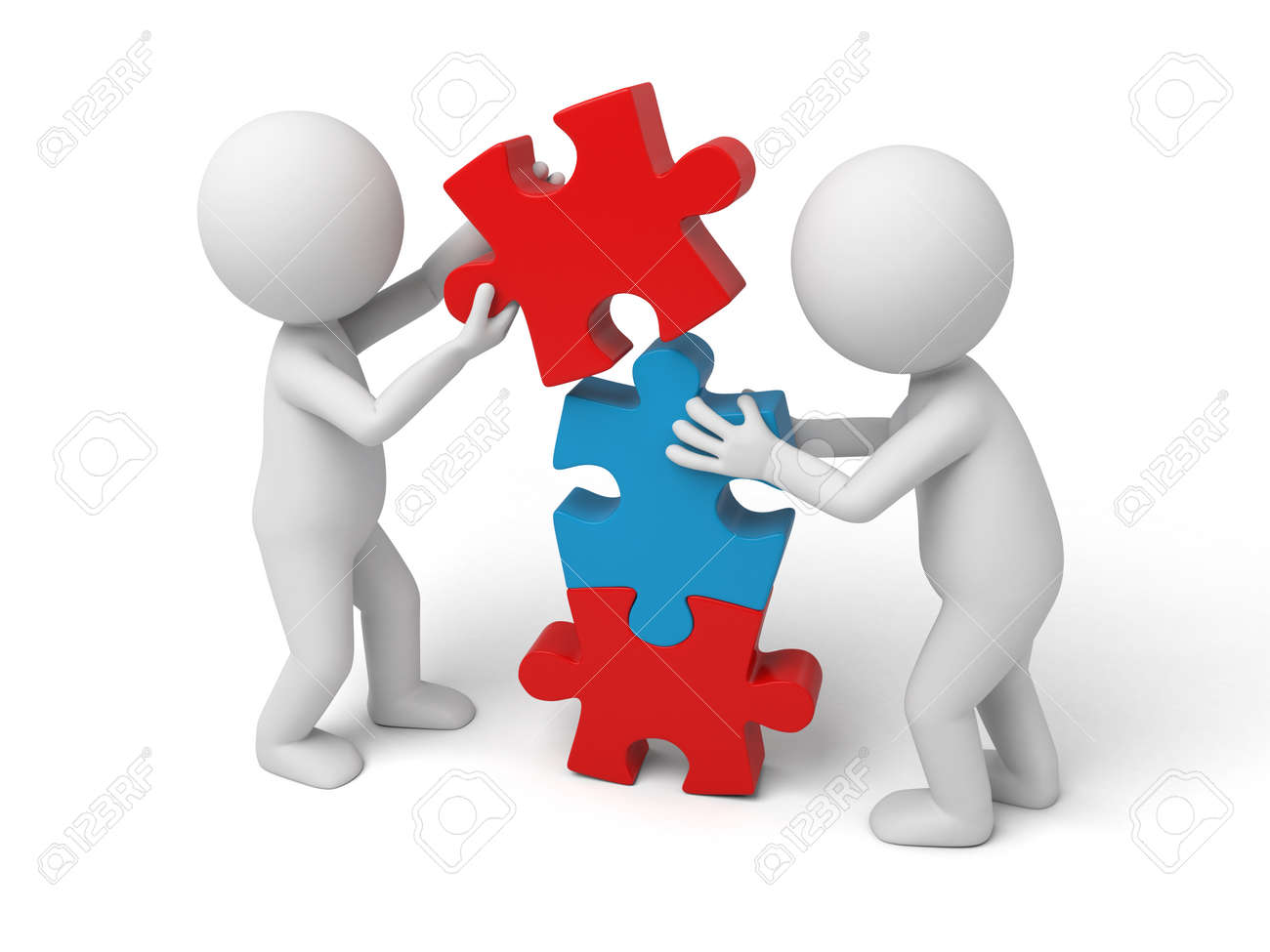 3d white people team assemble three piece of a puzzle stock photo