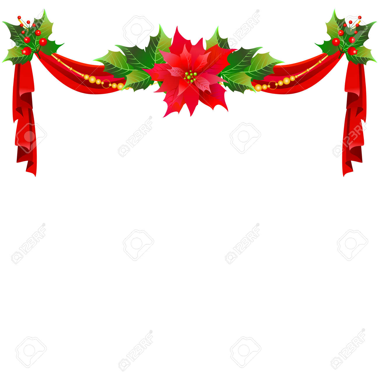 ポインセチアと 白で隔離赤いリボン クリスマス ガーランド のイラスト素材 ベクタ Image 9009