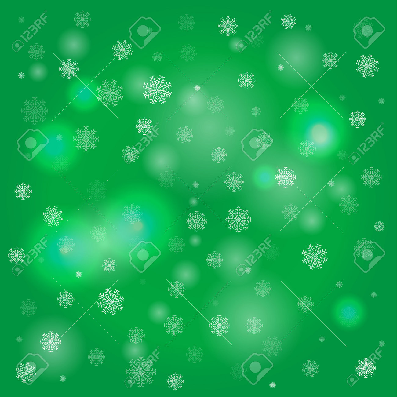 snowflakes and blurry lights on green background winter or