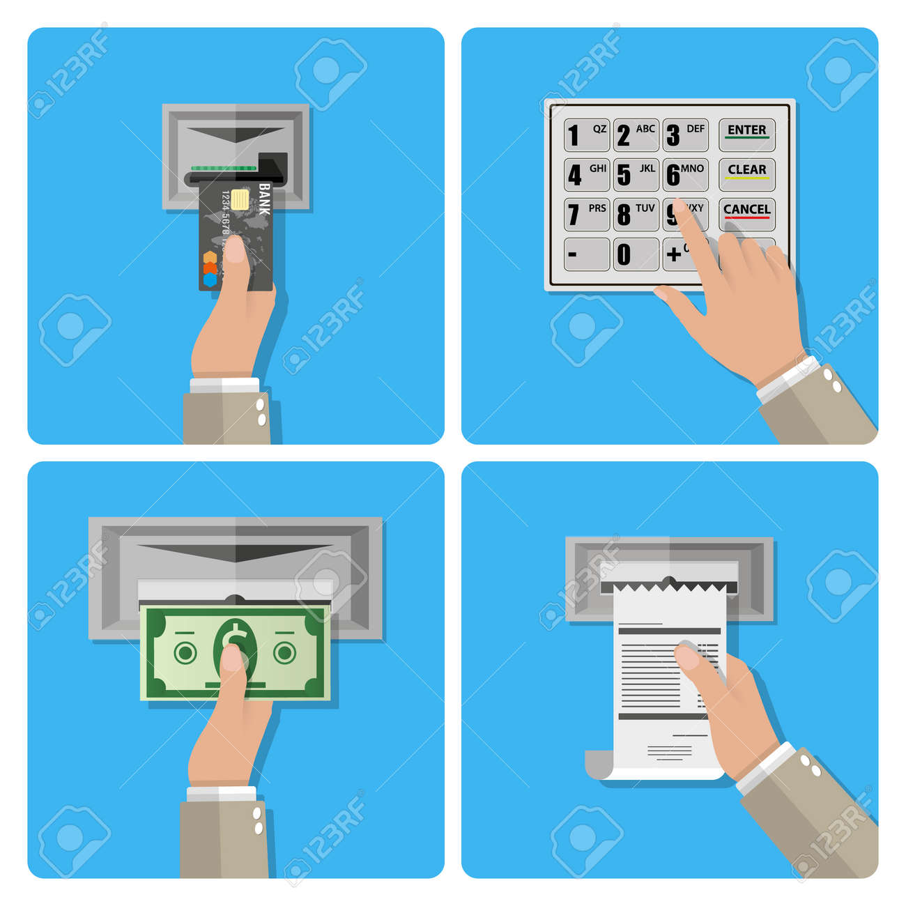 4 つのステップで Atm 端末使用概念 手がクレジット カードを Atm に挿入 手ダイヤル Pin コード 手は Atm からお金を取る 手のかかる領収書 フラットなデザインのベクトル図のイラスト素材 ベクタ Image