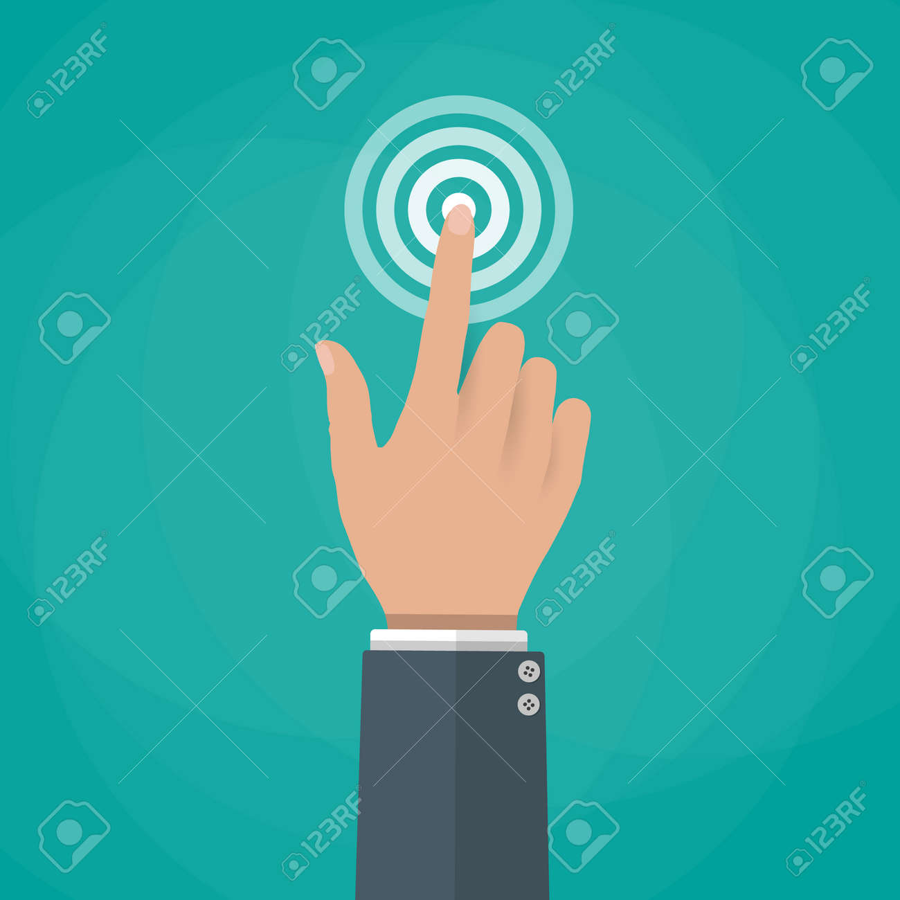 手のタッチ 指を押します タッチ プッシュまたは記号キーを押します 緑の背景にフラットなデザインのイラスト のイラスト素材 ベクタ Image