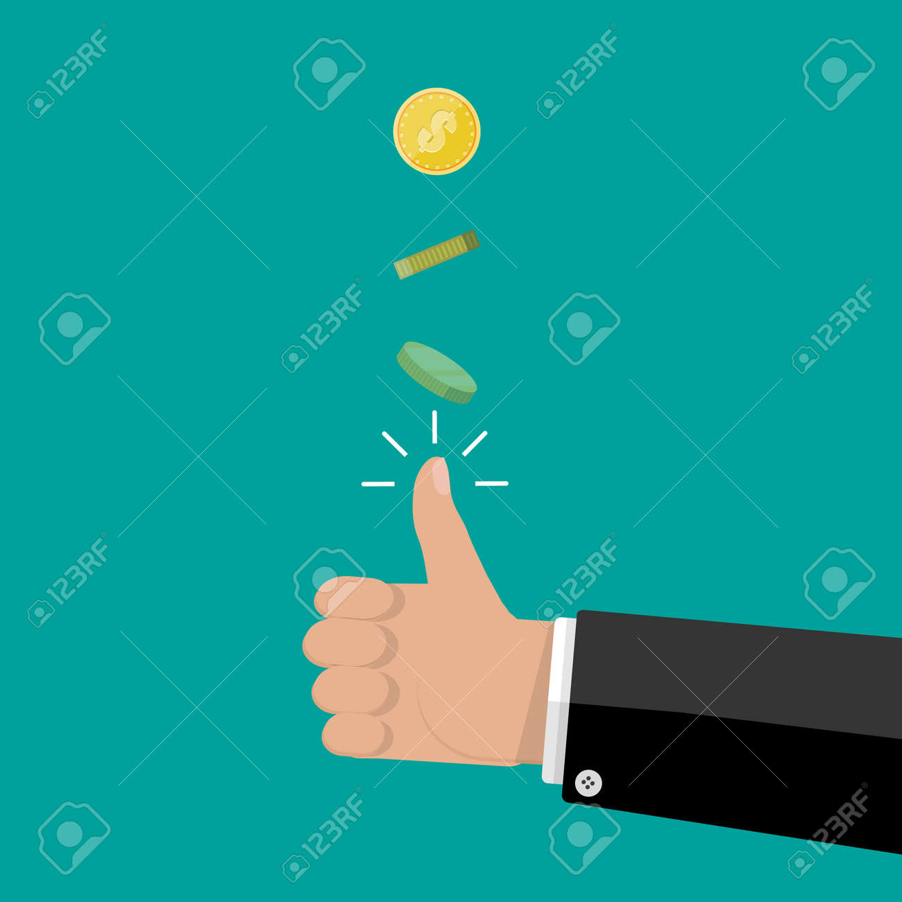 コインを投げるビジネスマンの手。フラット スタイルのベクトル図のイラスト素材・ベクター Image 67127586