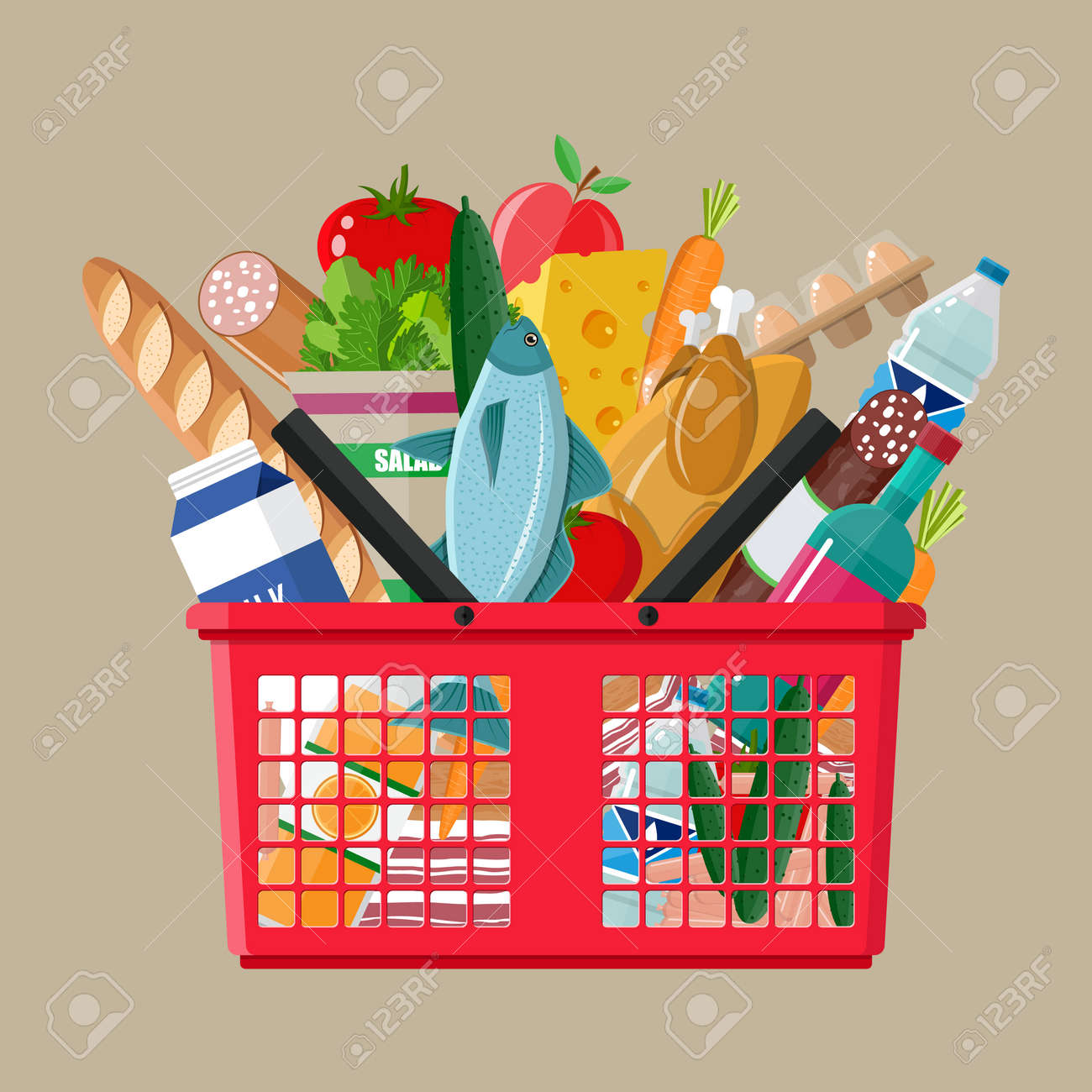 Red plastic shopping basket full of groceries products. Grocery store. vector illustration in flat style - 67909194 Red plastic shopping basket full of groceries products. Grocery store. vector illustration in flat style - 67909194