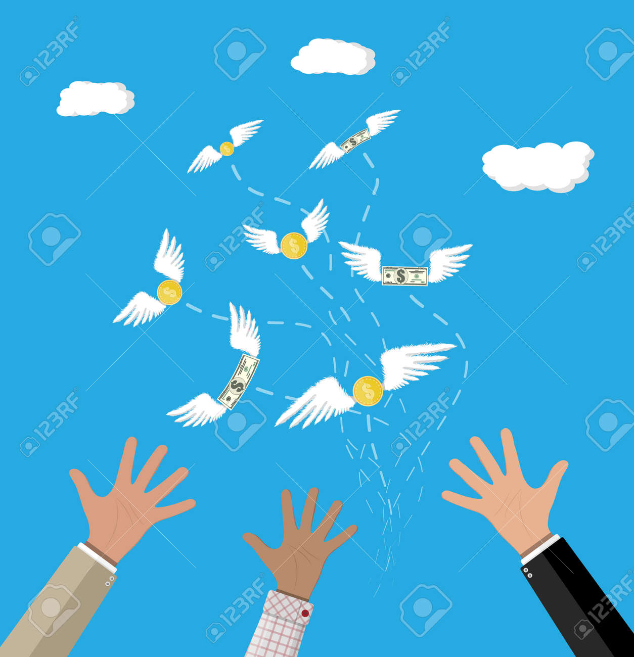 ドルと実業家の手から離れて飛んで翼を持つコイン お金を失います フラット スタイルのベクトル図のイラスト素材 ベクタ Image