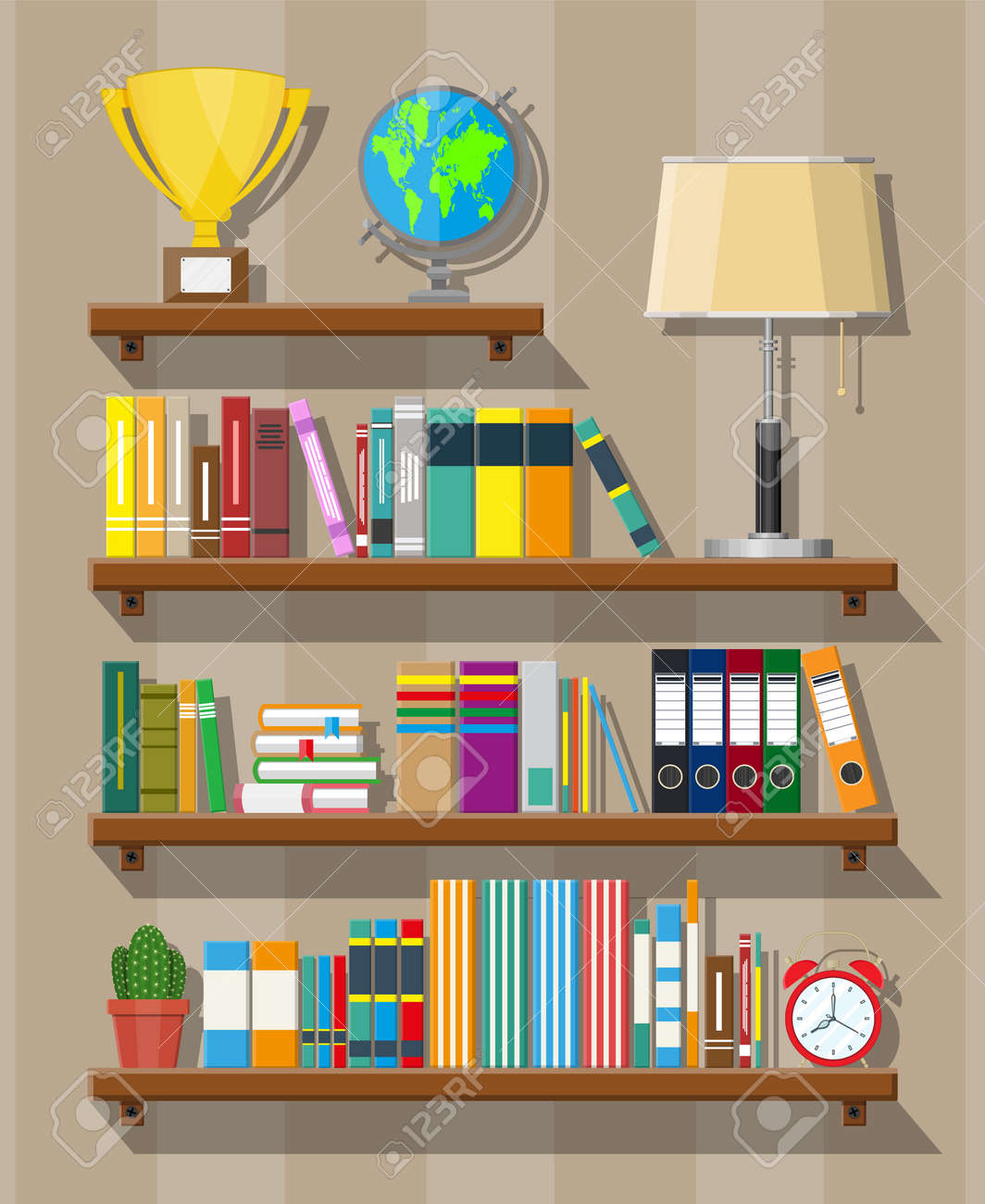図書館木製本棚 グローブ ランプ 時計 サボテン カップ 別の本と本棚 フラット スタイルのベクトル図のイラスト素材 ベクタ Image