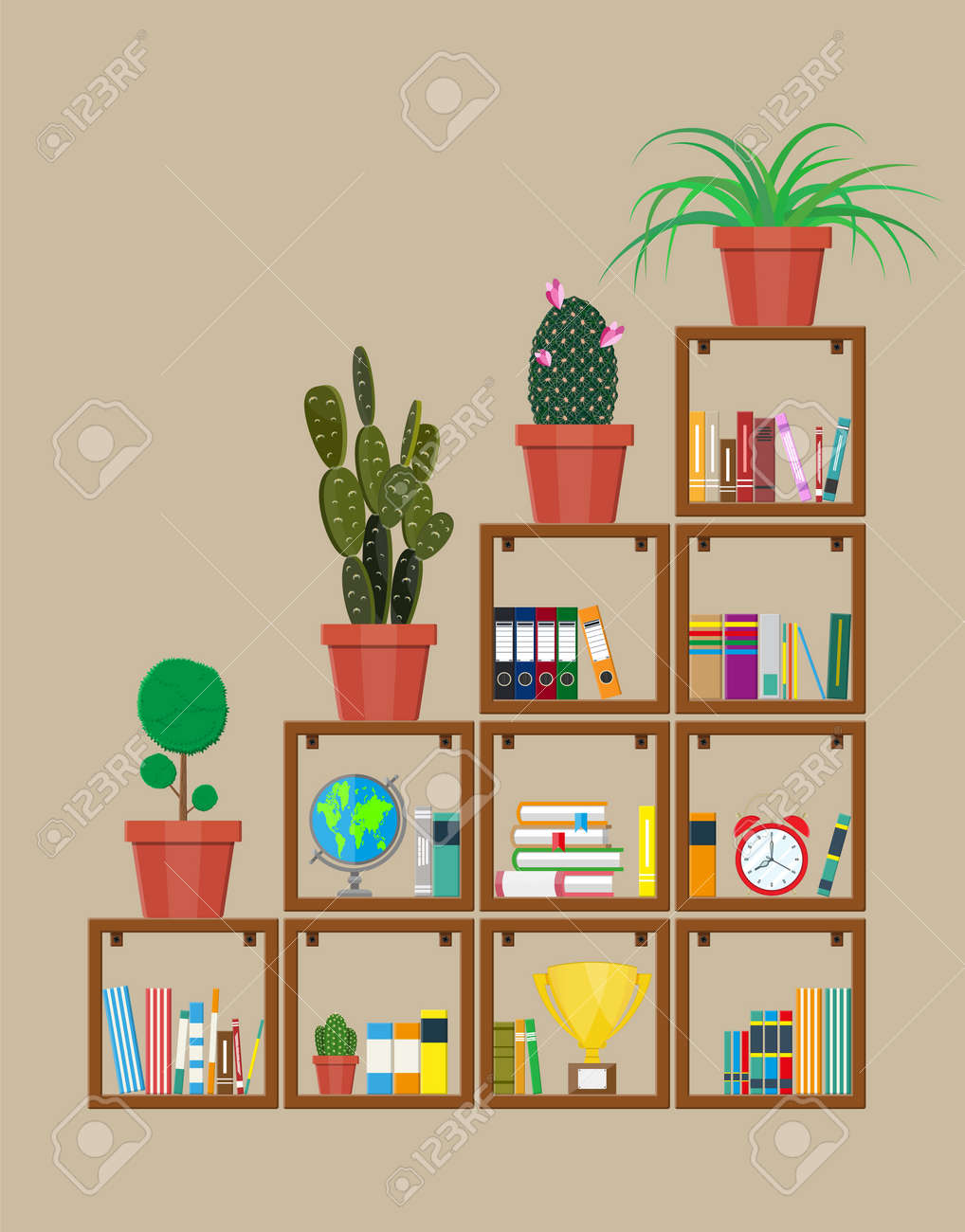 Library Wooden Book Shelf Globe Flower Clocks Cactus Cup Bookcase With Different Books Vector Illustration In Flat Style Royalty Free Cliparts Vectors And Stock Illustration Image 81812846