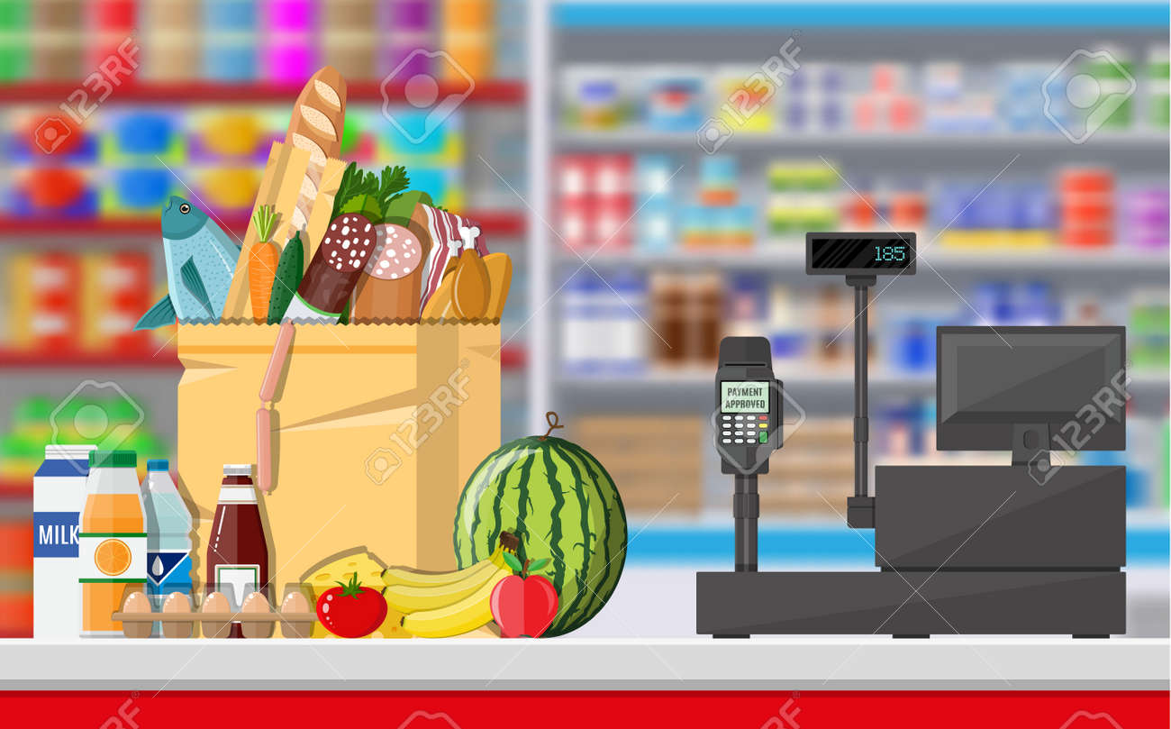 Supermarket Store Interior With Goods. Big Shopping Mall. Interior - 1300x808 - jpeg Store Register Check Out