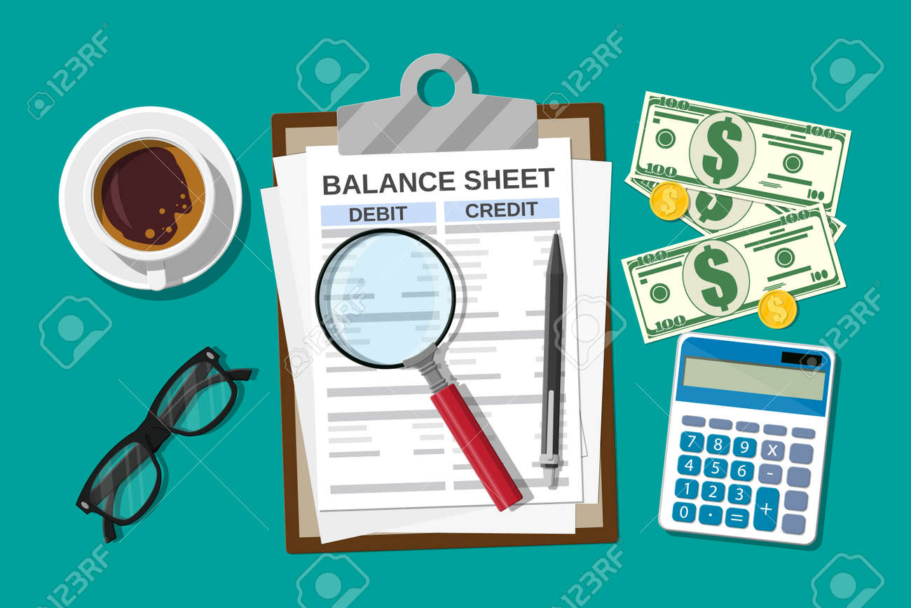 clipboard with balance sheet and pen calculator money balance