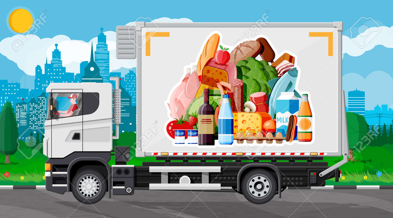 Truck Car Full Of Food Products. Shop And Farm Delivering Service. Delivery  And Selling Grocery Products Concept. Meat, Milk, Bread, Vegetables. Cargo  And Logistic. Cartoon Flat Vector Illustration Royalty Free SVG, Cliparts,, image size:1300x721
