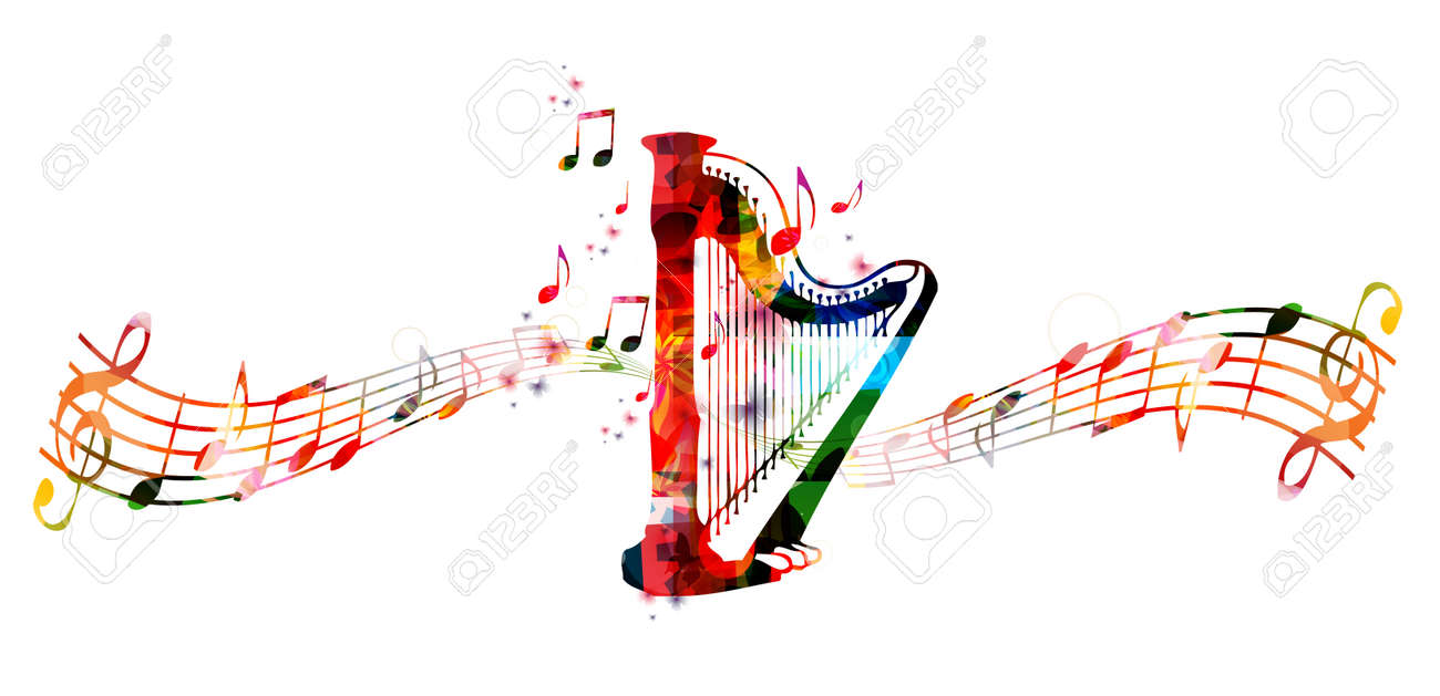 Creative music style template vector illustration, colorful concert harp, music instrument with music staff and notes background. Design for poster, brochure, concert, music festival, music shop - 62621077 Creative music style template vector illustration, colorful concert harp, music instrument with music staff and notes background. Design for poster, brochure, concert, music festival, music shop - 62621077